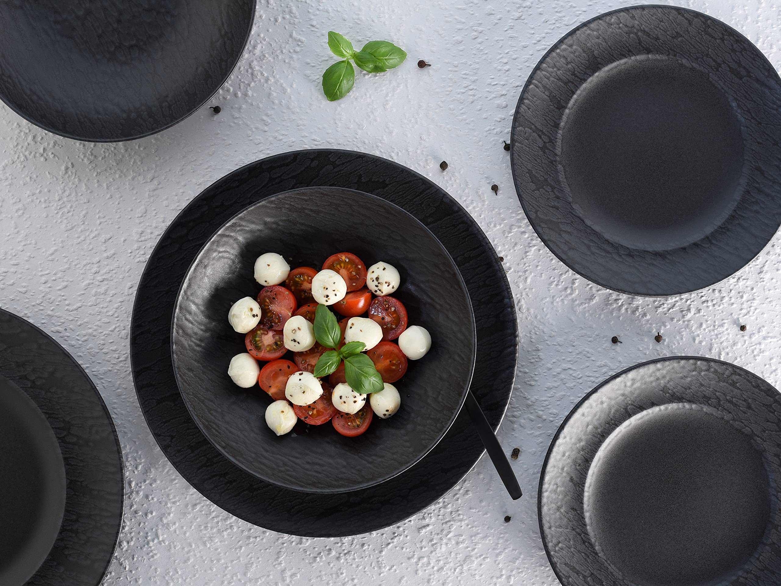 Creatable, 33320, Serie Rondo SCHIEFER black, 12-teiliges Geschirrset, Teller Set aus Steinzeug, spülmaschinen- und mikrowellengeeignet, Made in Portugal