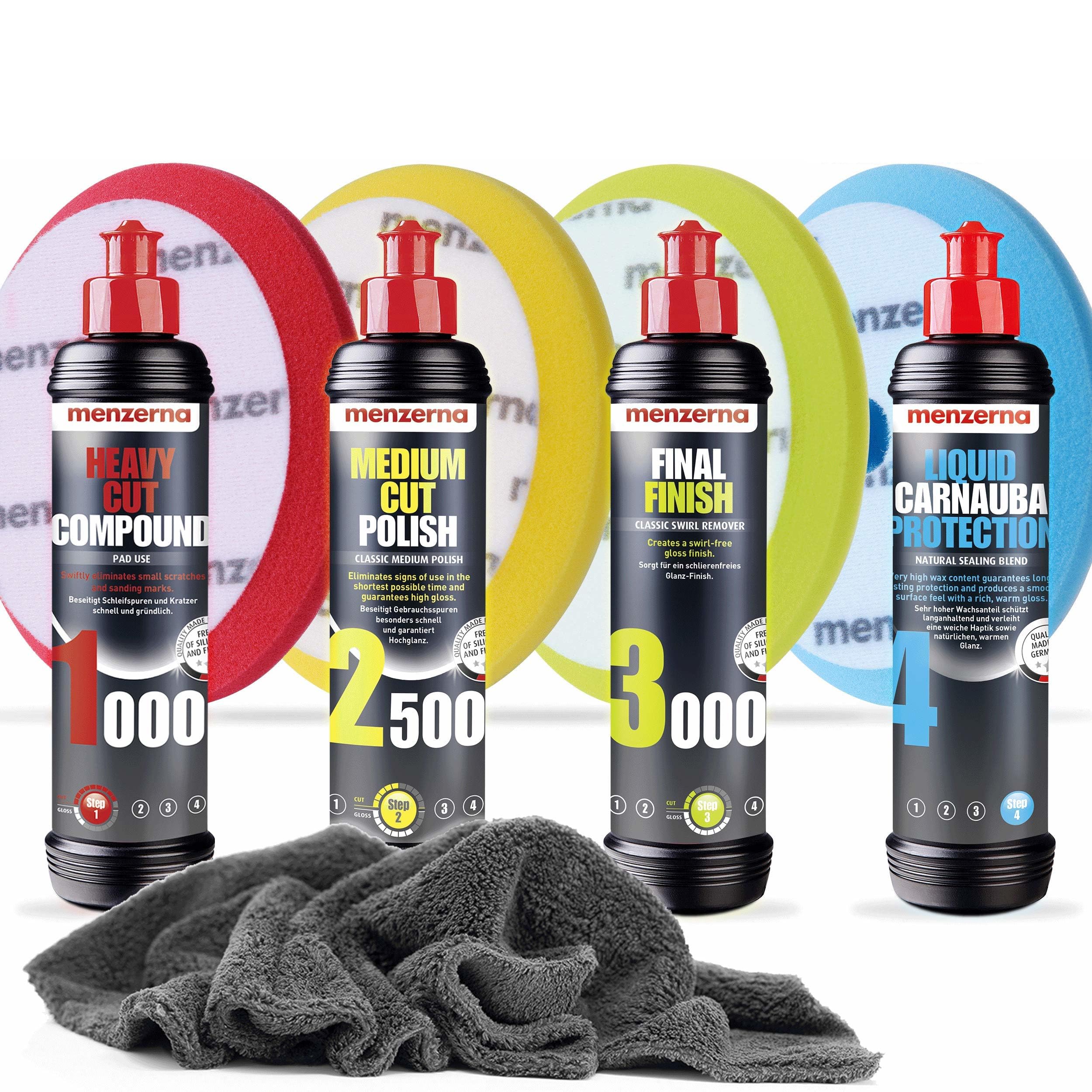 Detailmate Juego de abrillantador de coche Menzerna, 250 ml: Super Heavy Cut Compund HC1000 + Medium Cut 2500 + Final Finish FF3000 + cera líquida de carnaúba + 4 almohadillas Menzerna a juego + paño