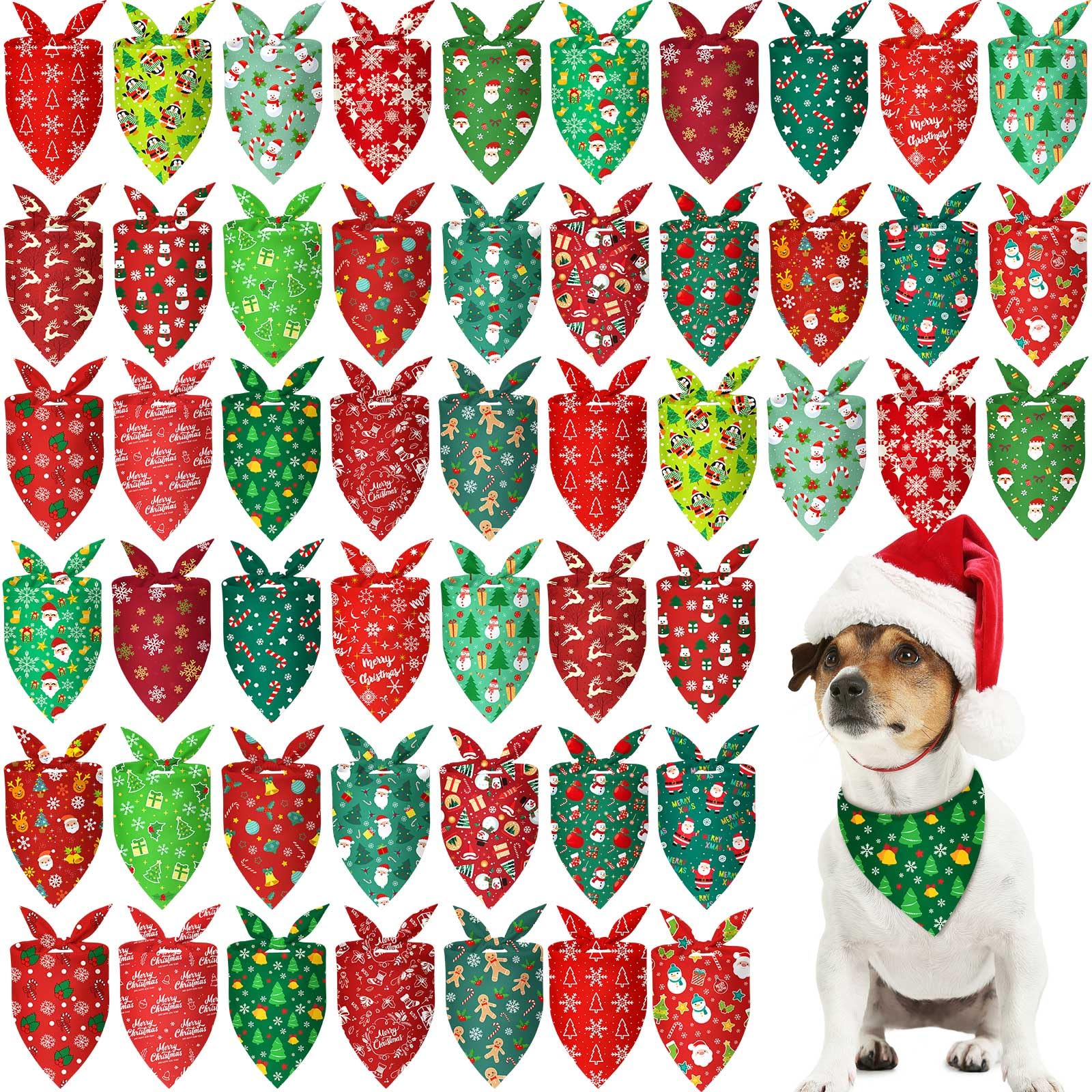 Sumind Lot de 50 bandanas de Noël pour chien en vrac, bandanas rouges et verts pour chiens, écharpes triangulaires avec motifs de Noël pour animaux de compagnie, accessoires photo (65,6 x 45,7 x 45,7