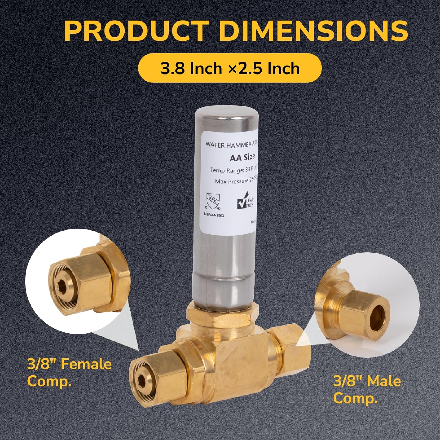 Washing Machine Water Hammer Arrestor, 3/4" FHT x 3/4" MHT Angle Threaded, Stainless Steel Hammer Arrestor, Stop Water Shock and Noise, Quick Setup, 2 Pack
