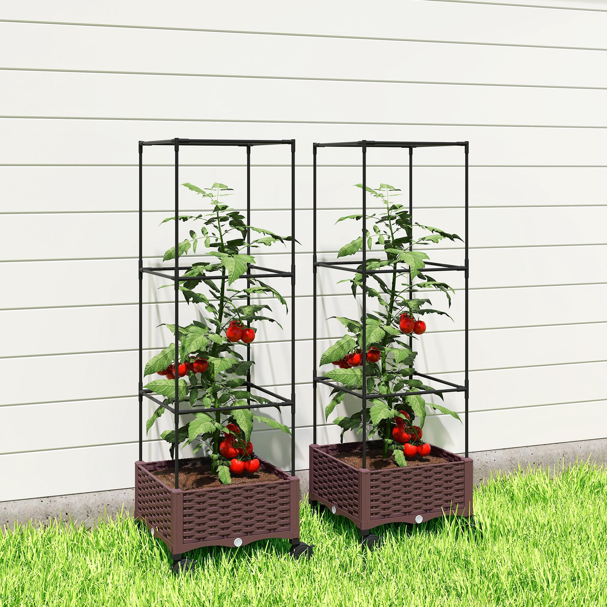 Outsunny Fioriera Rialzata con Traliccio 20L, Letto per Orto Rialzato da Esterno con Ruote Bloccabili, Sistema di Autoirrigazione, Fori di Drenaggio, per Piante Rampicanti, Verdure e Fiori, Marrone