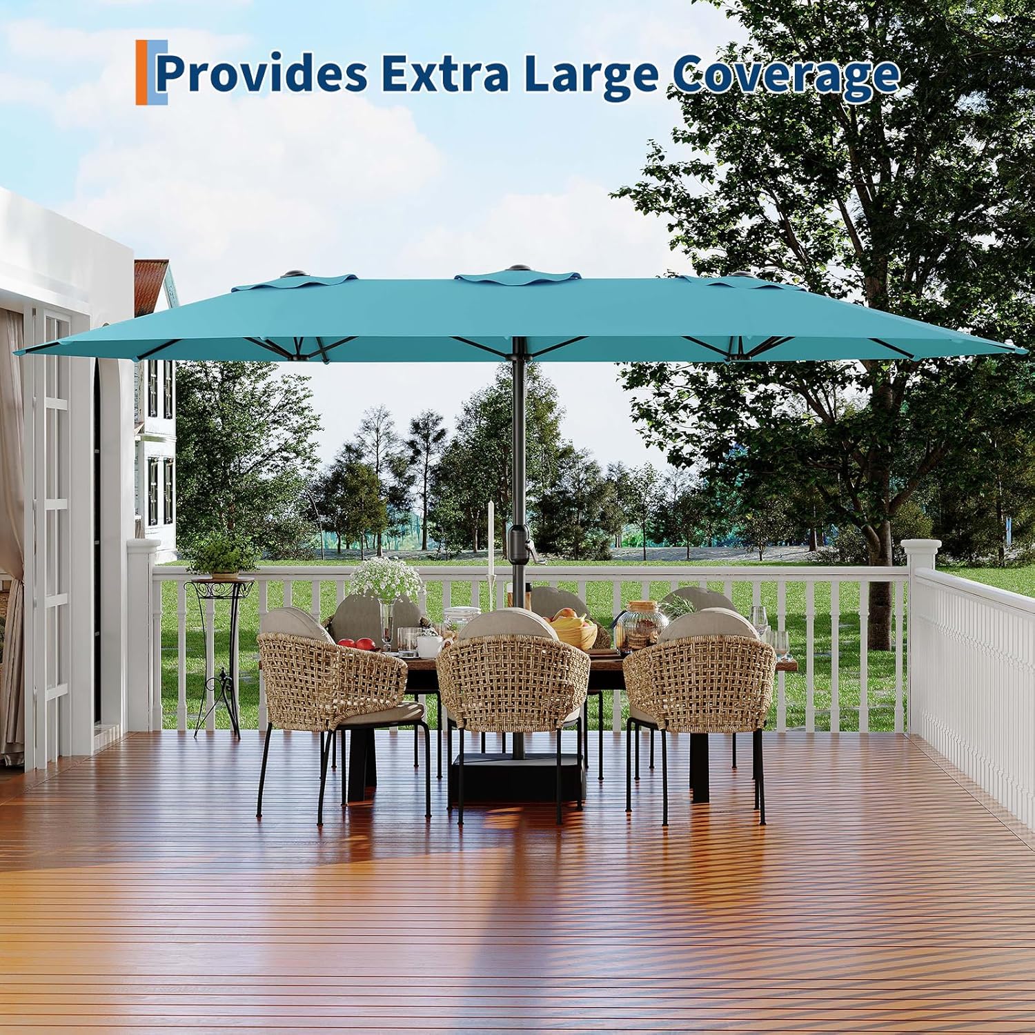 15ft Large Patio Umbrella with Sandbag Base - Rectangular Patio Umbrella with Crank Handle, UV Protection for Outdoor Market, Backyard, Pool - Turquois