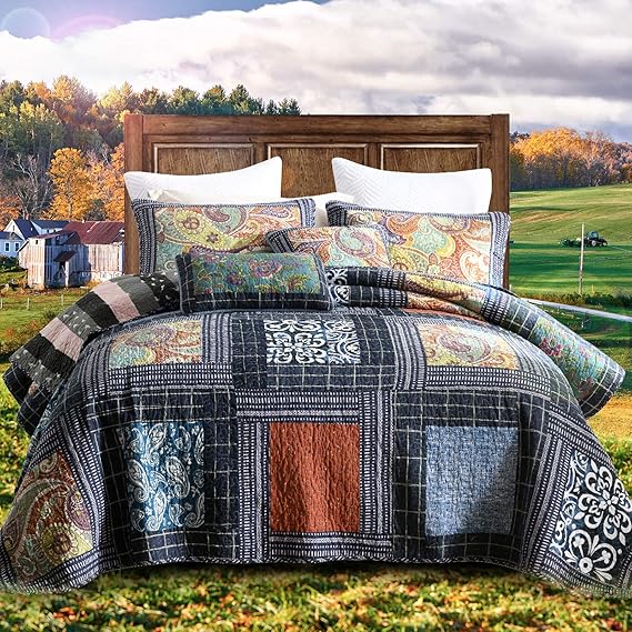 NEWLAKE Cotton Patchwork Bedspread, 3Piece Bedding Quilt