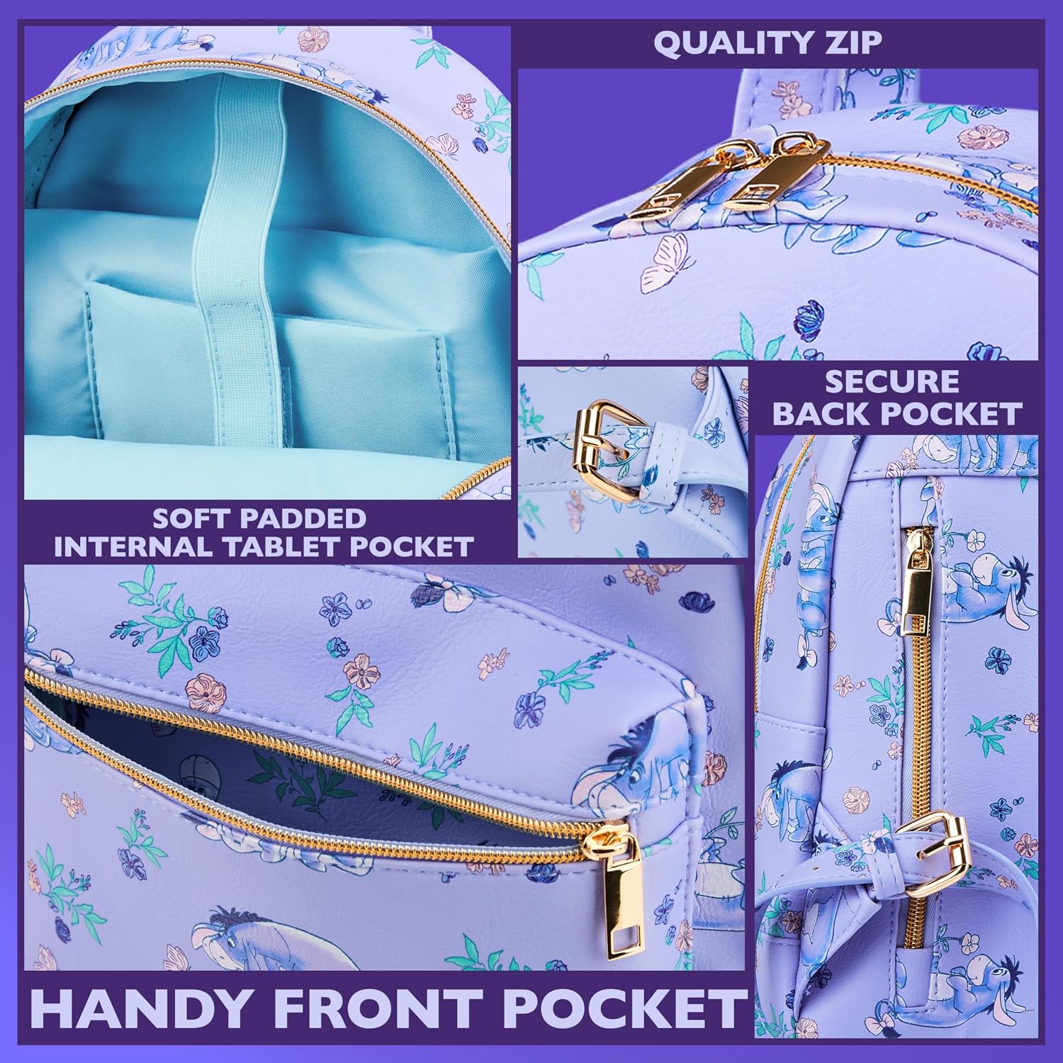 Disney Stitch Backpack for Girls Teens Women with Double Straps Daypack Backpacks for School Travel Trip Park Gifts for Girls (Purple Eeyore)