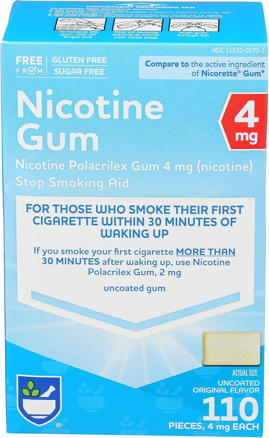 Rite Aid Nicotine Gum, Original Flavor, 4 mg - 110 Count | Quit Smoking Aid | Nicotine Replacement Gum| Stop Smoking Aids That Work Quick | Chewing Gum to Help You Quit Smoking | Uncoated Nicotine Gum