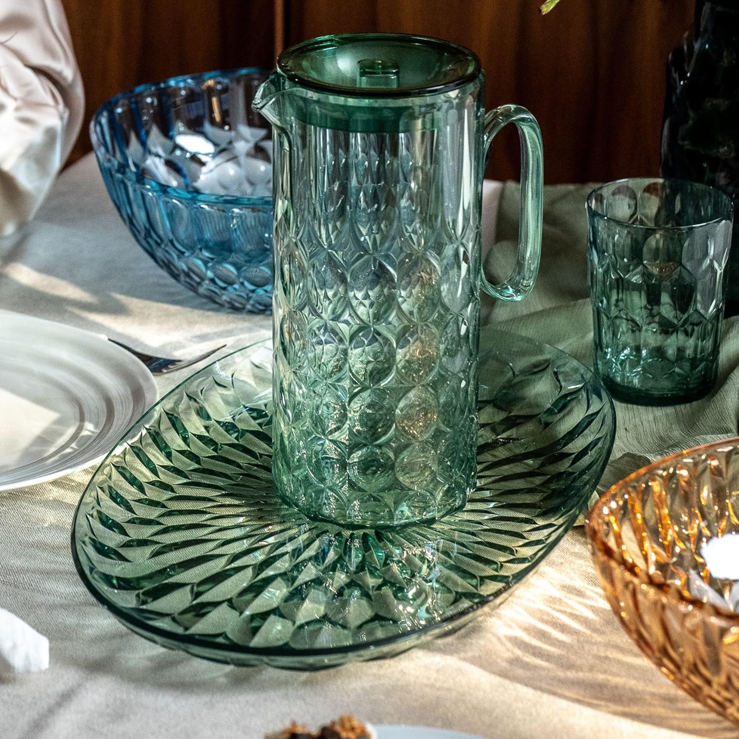 Guzzini Vanity Collection Pitcher with Lid, 4.4 x 6.6 x 11.3 inches, Bio-based Acrylic Crystal, Clear Drinkware (MATCHA GREEN)