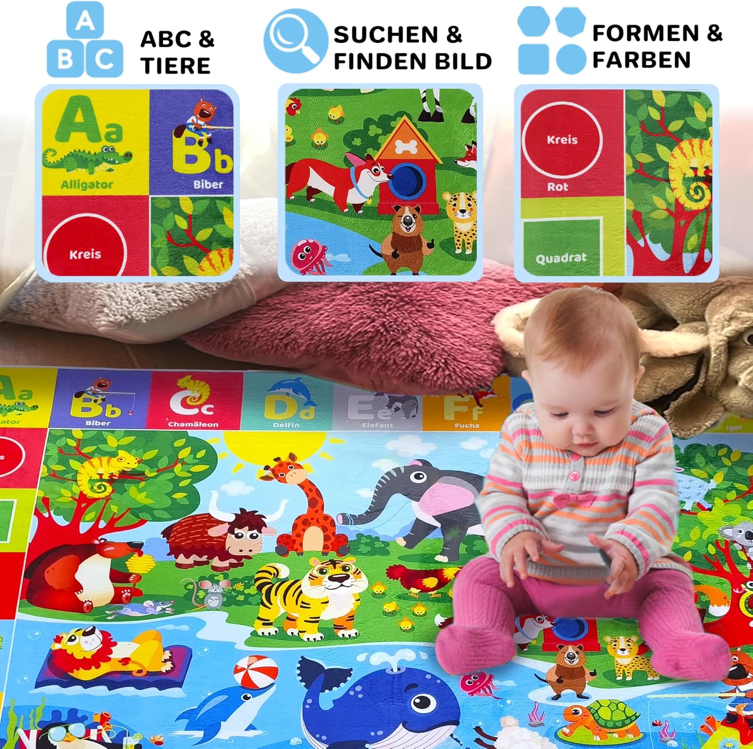 QUOKKA Baby Mat for Floor Play for Babies 6-12 Months – Super Soft Baby Floor Play Mat for Toddlers 1-3 – Extra Thick Medium Plush Rug for Nursery – Padded Foldable Activity Infant Playroom Carpet