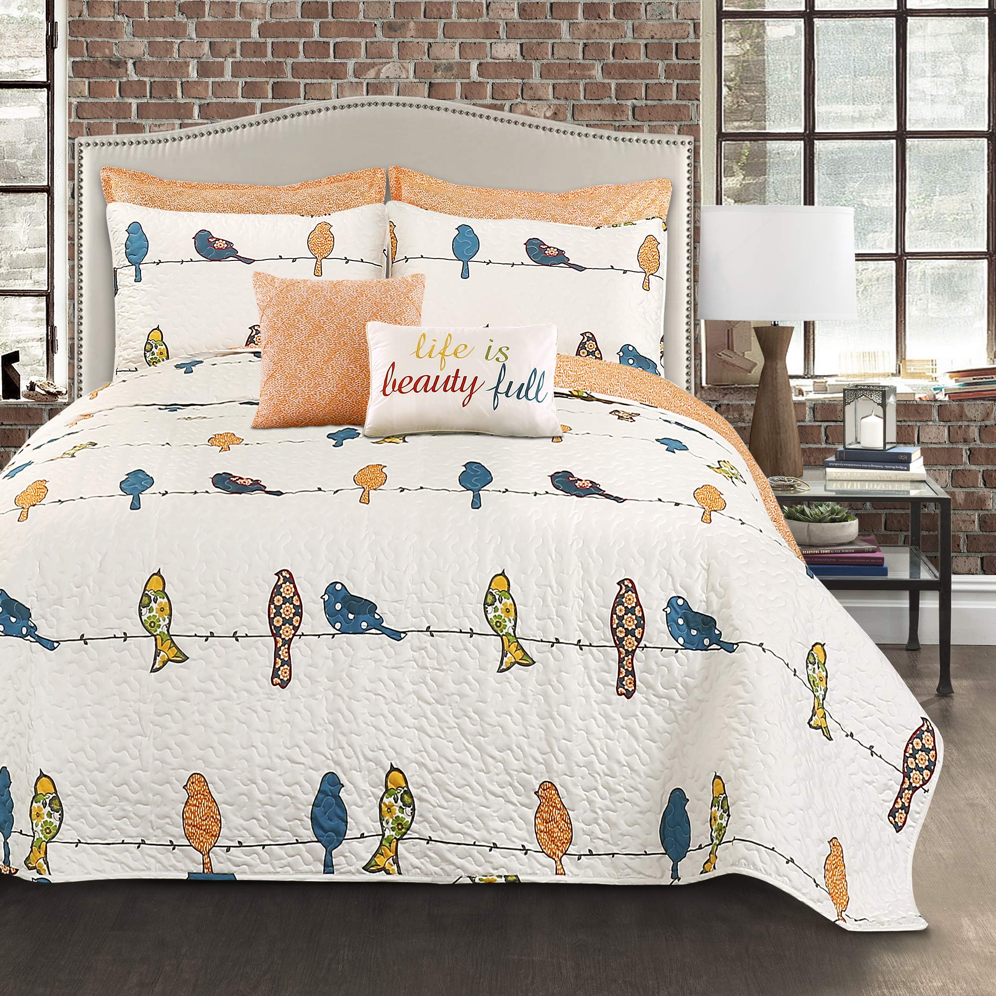 Lush DecorRowley Birds Quilt Reversible 7 Piece Bedding Set with Floral Animal Bird Print and Decorative Pillows, Full/Queen, Multi