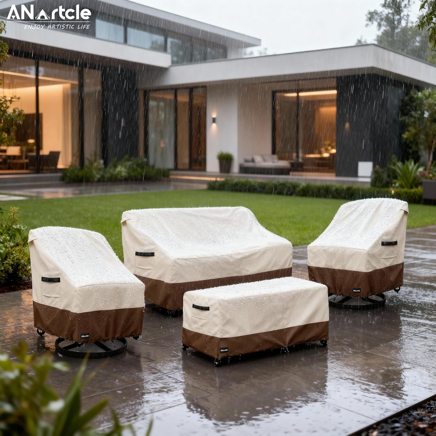 ANartcle Patio Furniture Covers 4 Piece Set, 600D Waterproof Heavy Duty Outdoor Furniture Covers,Fit Wicker Patio Sofa, Swivel Rocker Chair and Coffee Table,Beige&Brown
