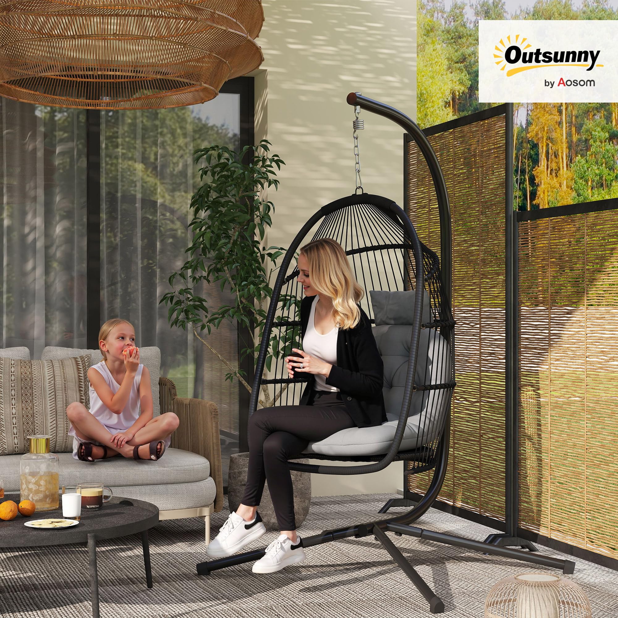 Outsunny Silla Colgante Huevo con Soporte Exterior 150 kg Gris Oscuro | Columpio Jardín, Cesta Plegable, Cojín Anti-UV, Reposacabezas Desmontable, Uso Interior