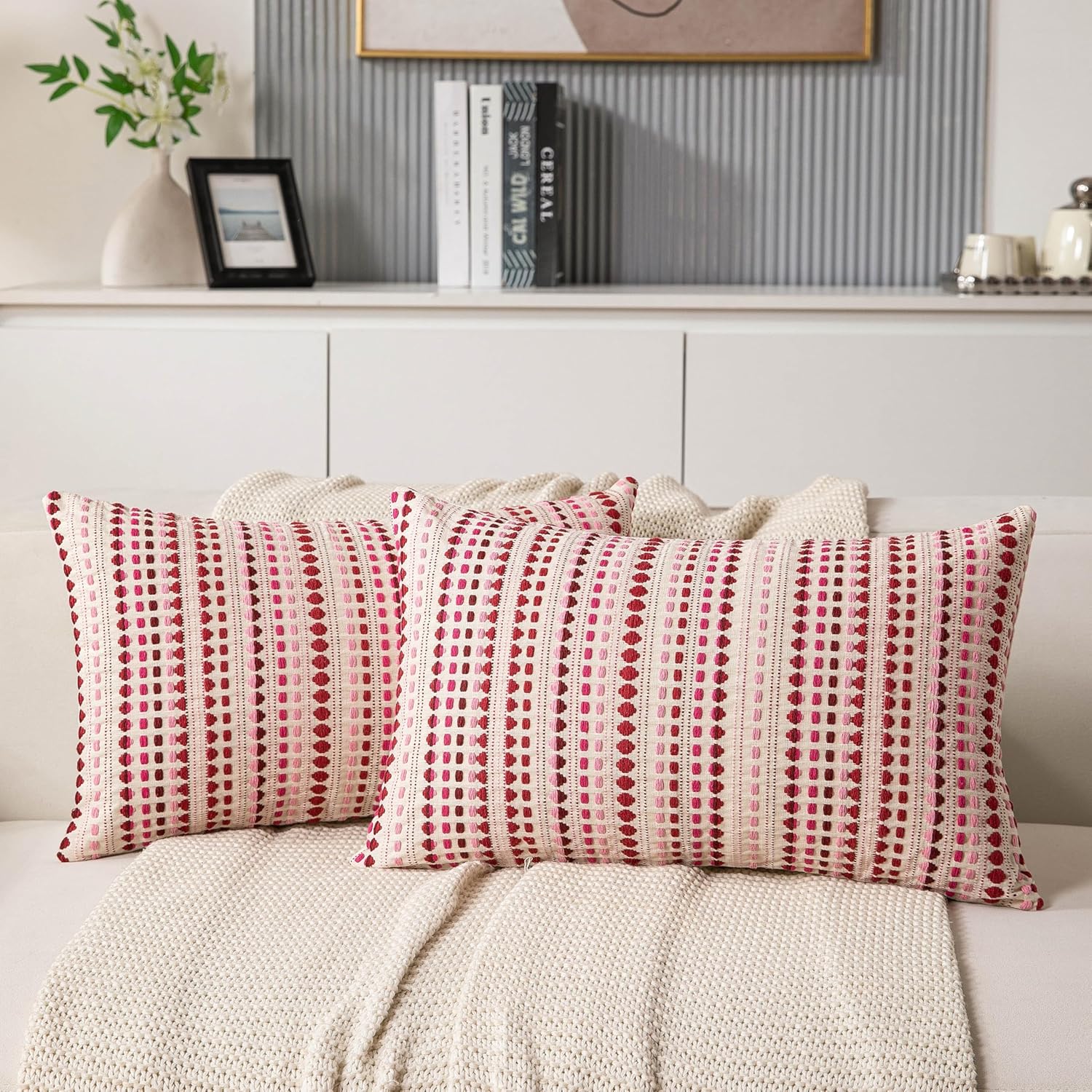 Boho Lumbar Couch Throw Pillow Covers 12x20 Inch Set of 2 Pink Woven Striped Decorative Pillow Covers Cotton Accent Pillowcase Farmhouse Cushion Covers for Home Decor Sofa Living Room Bedroom