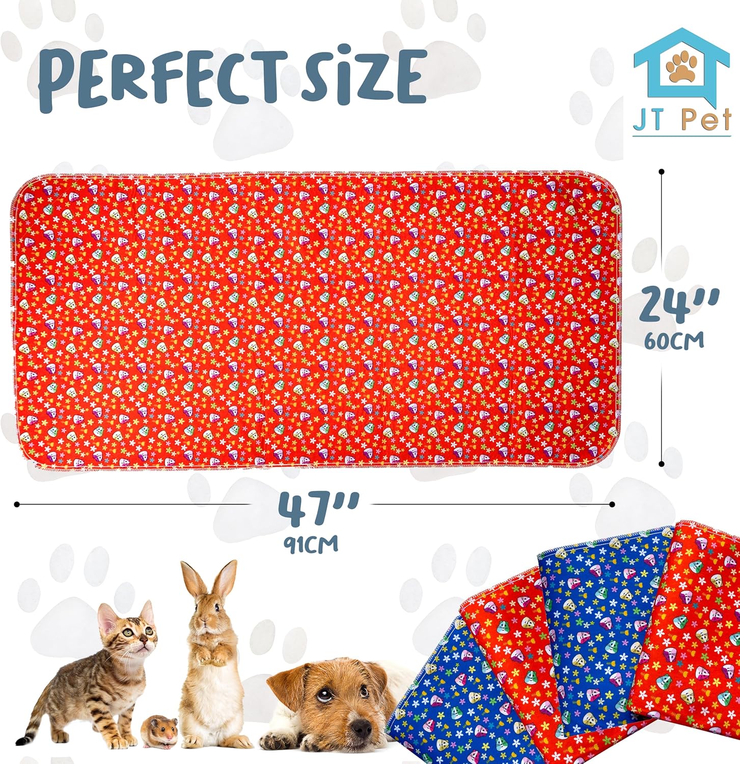 Guinea Pig Cage Liner Fleece Cage Liners Puppy Pads Washable Reusable Waterproof Pee Pads Hamster Bedding Extra Large Dog Crate Lining (Set of 4 - 47" x 24") (Blue Red Piggies)