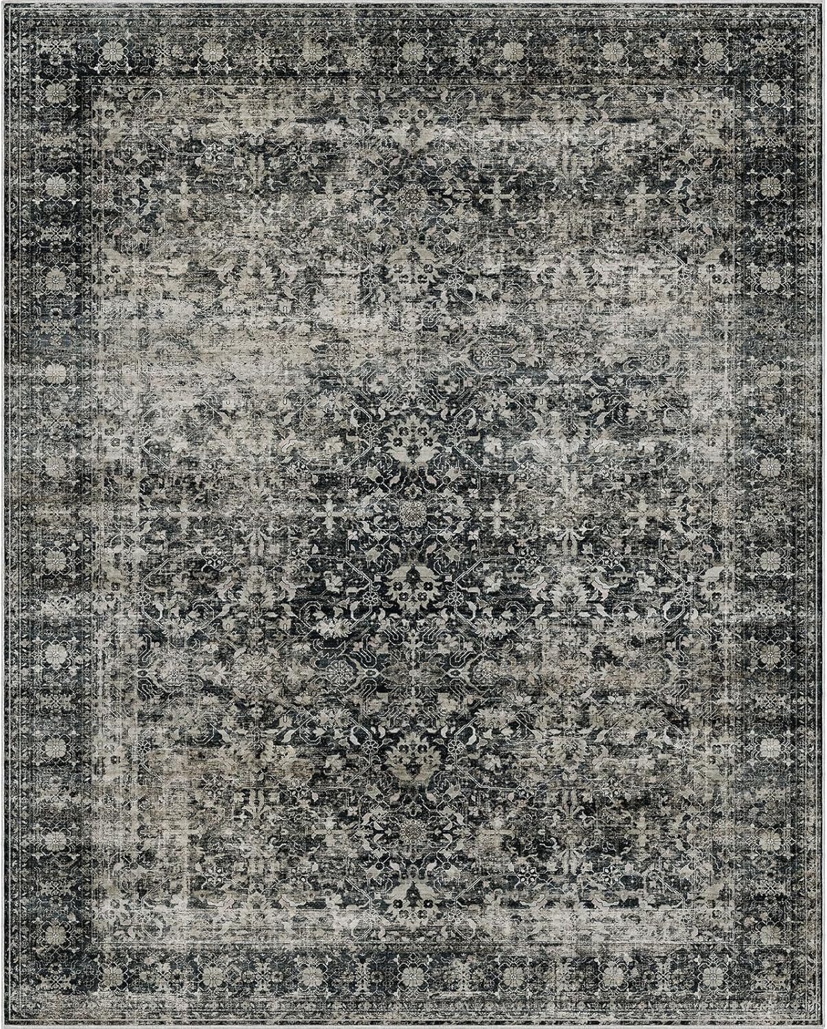 Vintage Traditional Area Rug - Black 8x10 Large Washable Bedroom Rug Non Slip Ultra-Thin Stain Resistant Oriental Carpet Retro Accent Throw Rugs for Living Room Dining Room Rugs Under Table