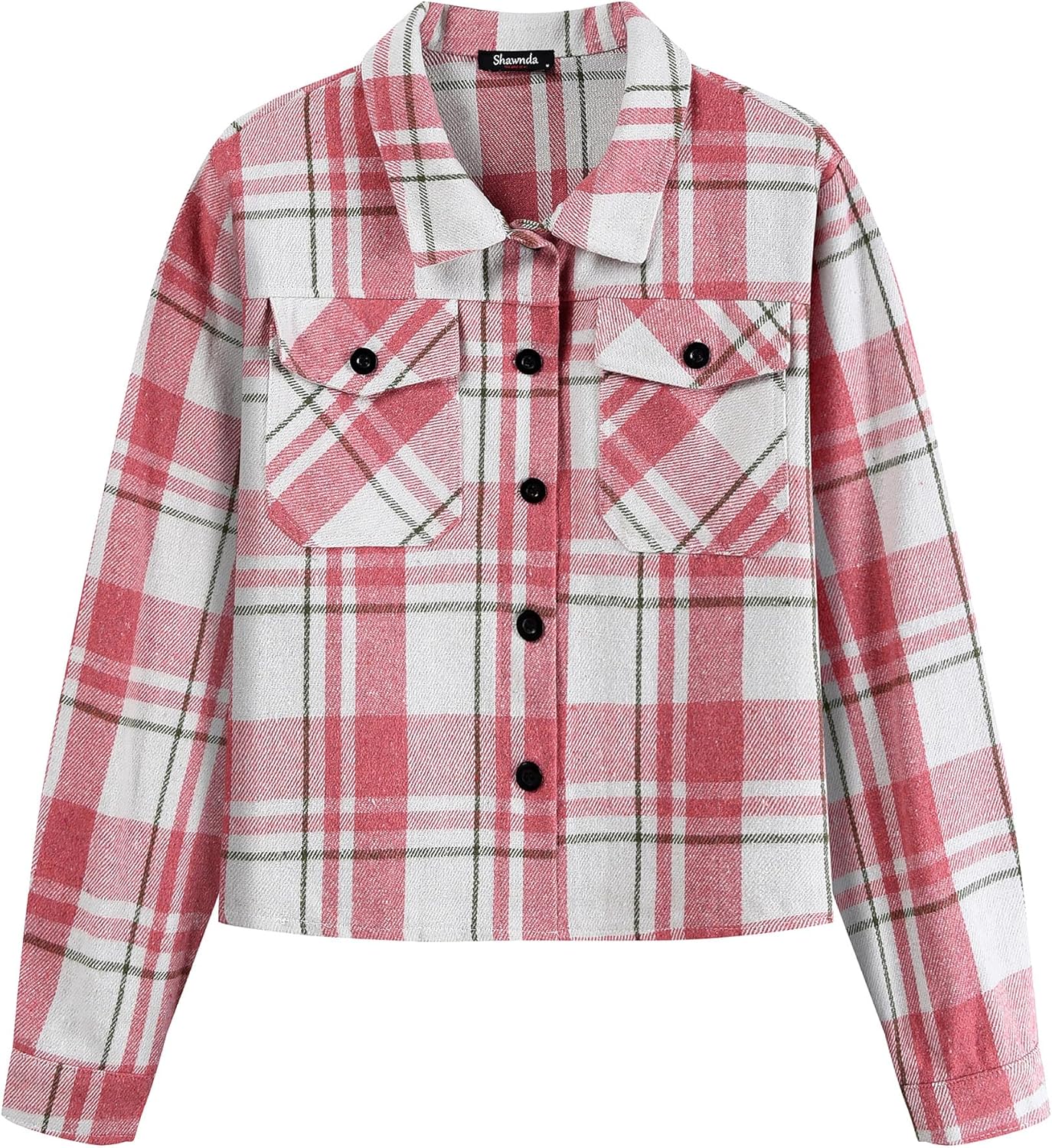 Shawnda Women's Flannel Shacket Cropped Jacket Fashion Plaid Button Down Shirt Jacket Tops