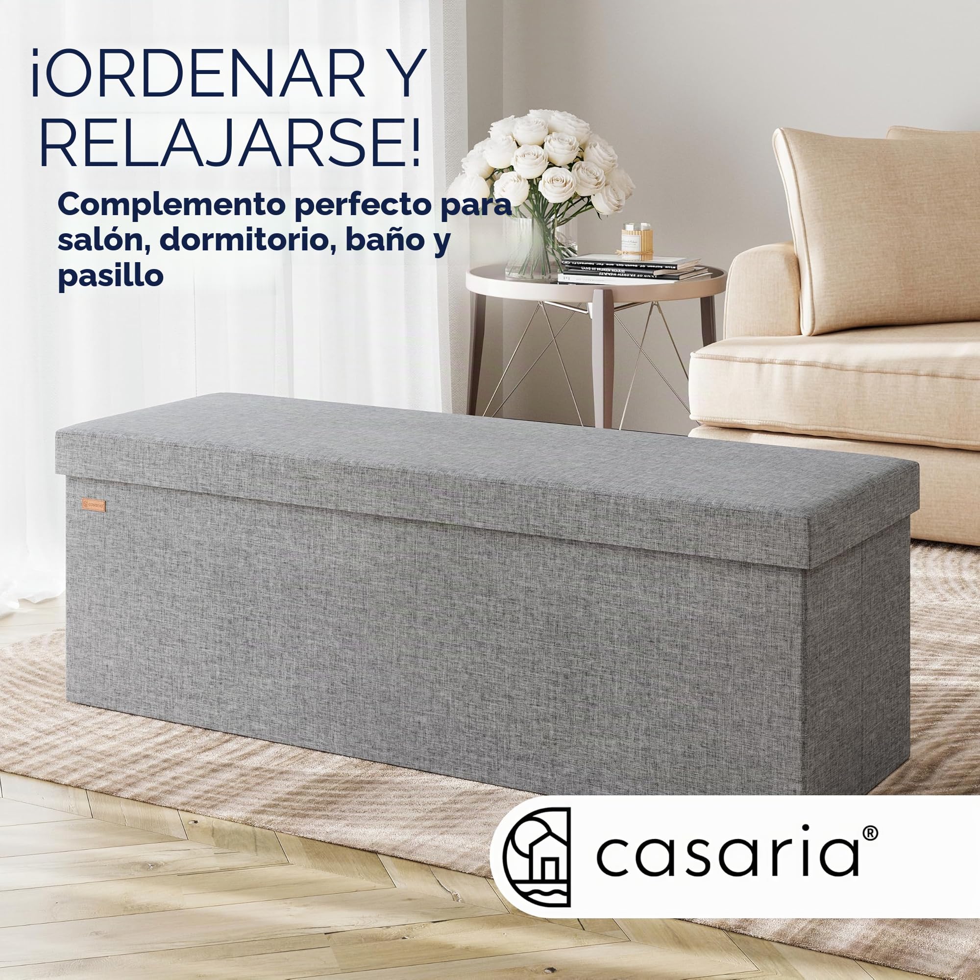 CASARIA® Banco Almacenaje Plegable Puff Reposapiés Otomana Almacenamiento Salón Dormitorio Capacidad Carga 300kg Resistente Efecto Lino 115x40x40cm Gris Claro