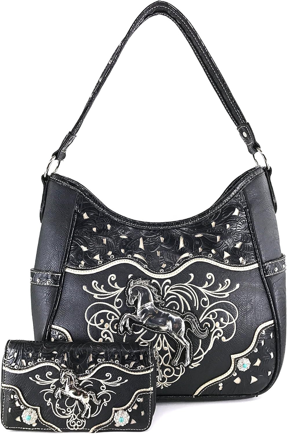Justin West Horse Embroidery Studded Concealed Carry Handbag Purse Matching Wallet (Black purse and wallet)