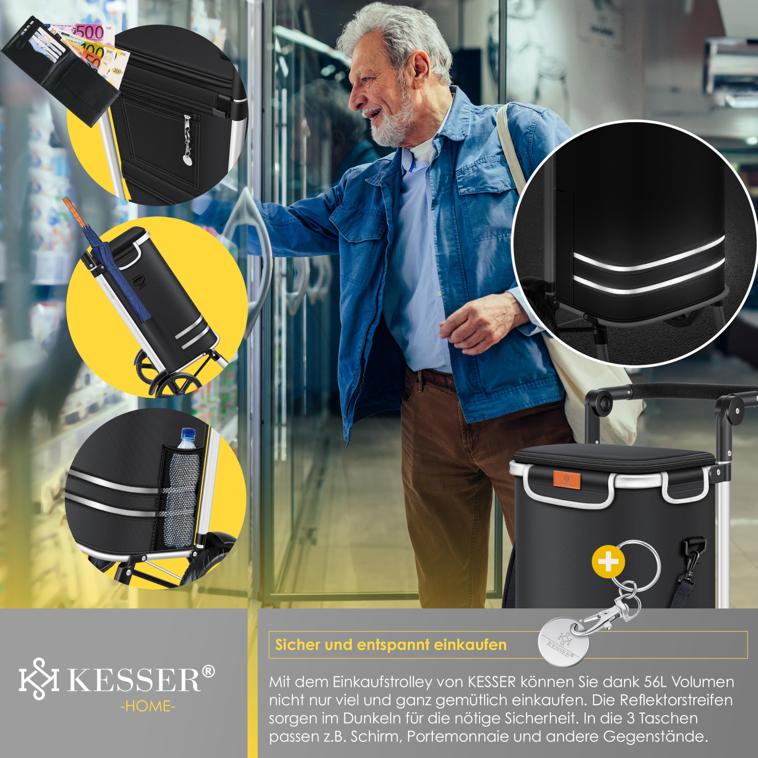 KESSER® Einkaufstrolley klappbar mit 56L Kapazität und belastbar bis 50kg | 3in1 Trolley Sackkarre & Umhängetasche | Faltbarer Einkaufswagen inkl. Kühlfach & Einkaufschip | Treppensteiger Schwarz