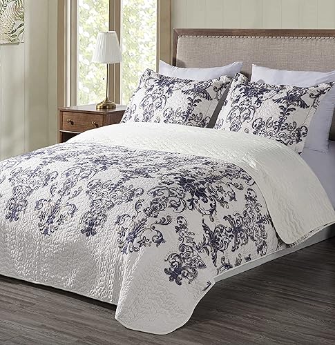 Miniatura 8 de Chezmoi Collection Chloris - Juego de edredón de 3 piezas con estampado de medallones florales, colcha de microfibra prelavada, color azul marino,
