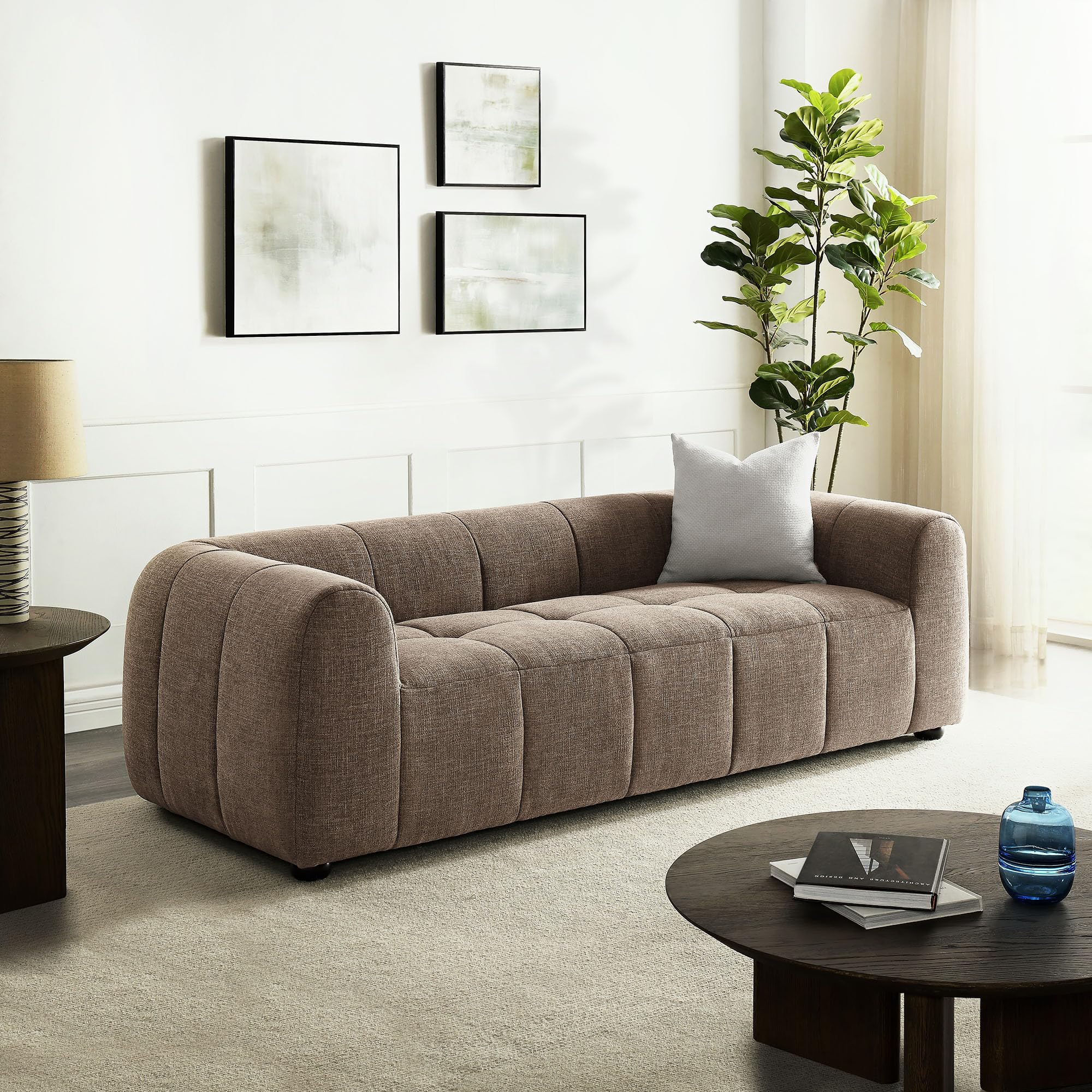 Modway Liana Upholstered Fabric Sofa in Mocha - Retro Modern Tufted Couch - 3 Seater Sofa with Deep Seats - Comfy Sofa Couch for Living Room, Lounge,