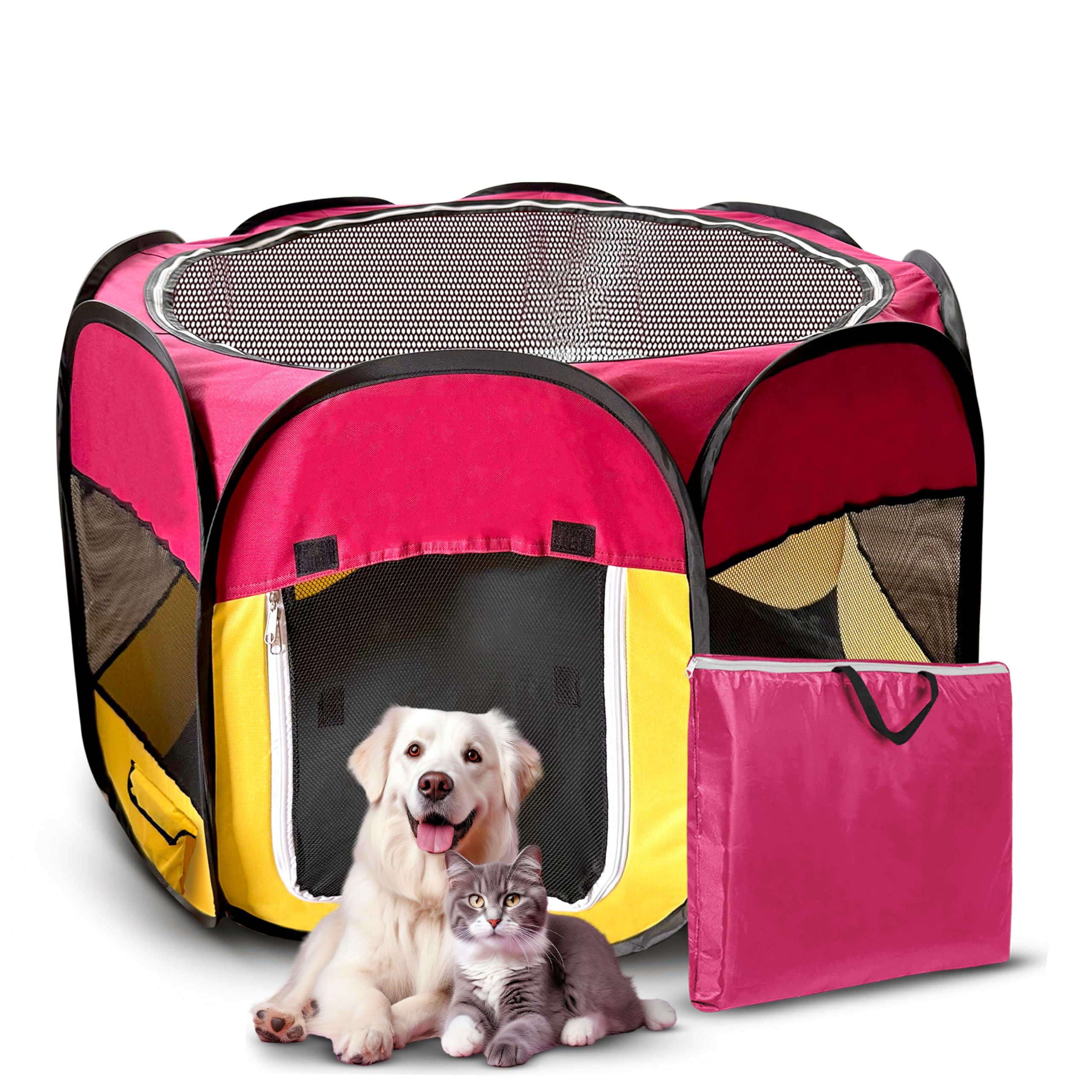 Large Portable Pet Playpen - Foldable Pet Playpen for Dogs & Cats, Washable ExerciseTent House for Indoor/Outdoor Travel & Camping Use, Windows, Doors & Sky Opening, Carry Bag Included