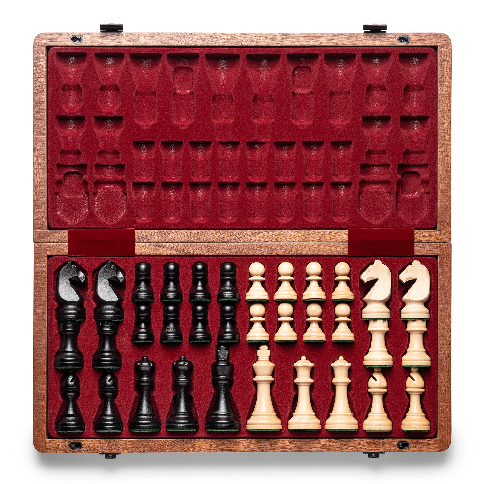 A&A Premium Folding Chess Board Game Set, 15" Wooden Chess Board & 3" King Height Staunton Chess Pieces with 2 Extra Queens, Portable Travel Chess Set (Natural Mahogany, 15 Inches)