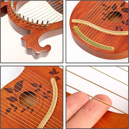 Miniatura 40 de Lyre Harp - Juego de 16 cuerdas de metal de repuesto con 50 remaches huecos de latón dorado 16 cuerdas de arpa de lira,16 pines de afinación + llave