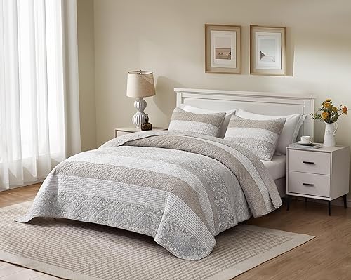 Vista 127 de Chezmoi Collection Samuel Juego de colcha con relleno de cuadros gris pardo, blanco y azul marino, 3 piezas, retales, algodón prelavado, ligero