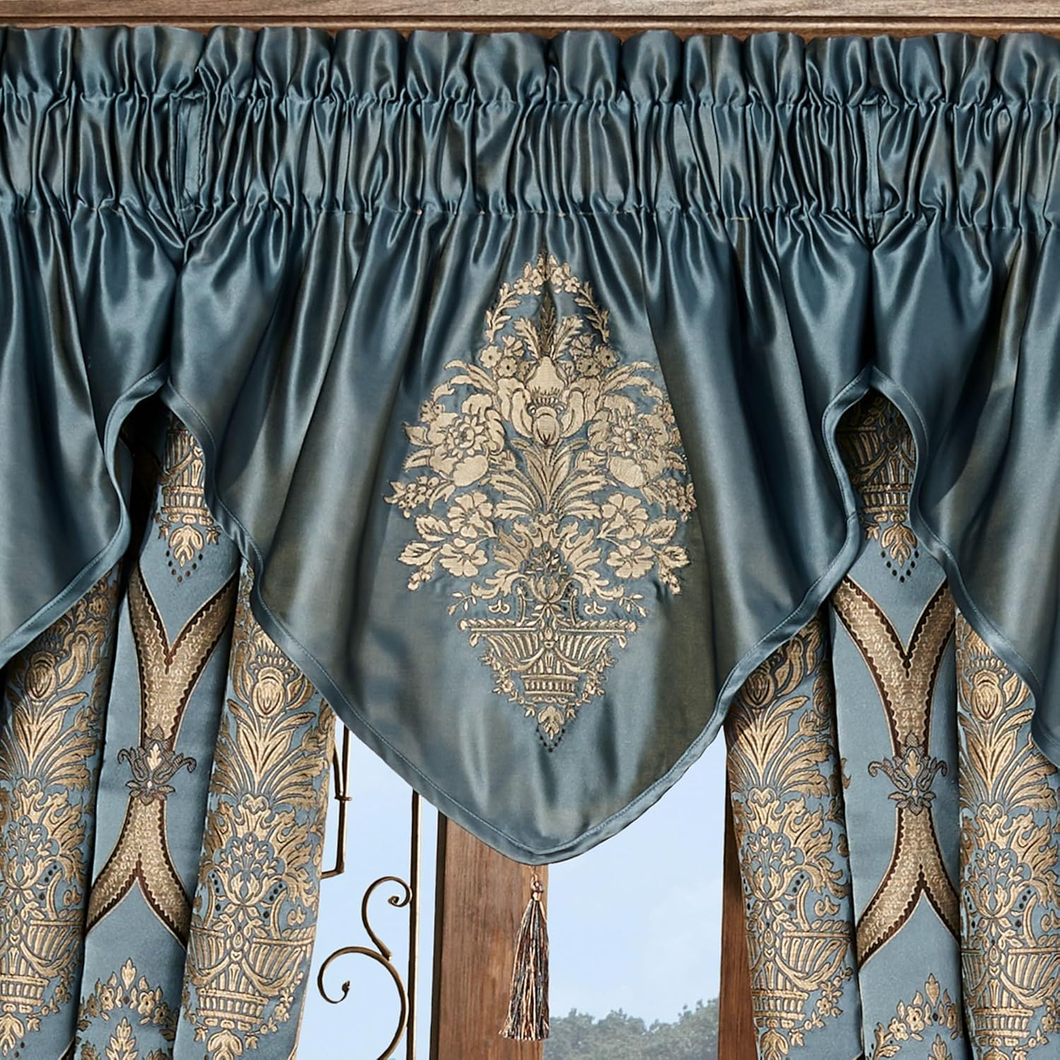 Luxurious Castleton Traditional Window Treatment | Sophisticated Jacquard Woven Damask Medallion Quatrefoil | Steel Blue, Light Gold, Chocolate | Drapery Set | Wide 95L Curtain Pair, 3 Ascot Valances