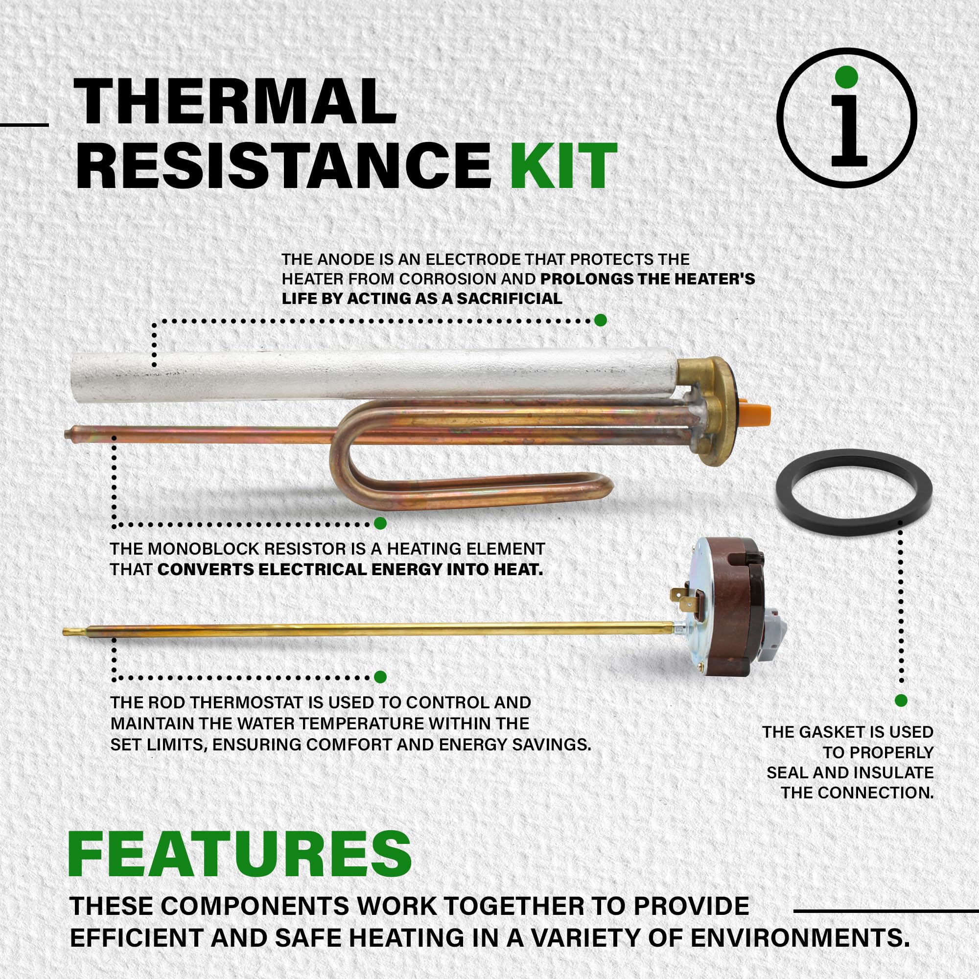 DOJA Barcelona | Kit Resistencia Calentar Agua 1500W | Pack Resistencia Curva+Anodo de Magnesio+Junta Goma+Tornillo de Fijacion+Termostato Varilla 270mm | Termo Electrico | Repuesto de Termo Agua