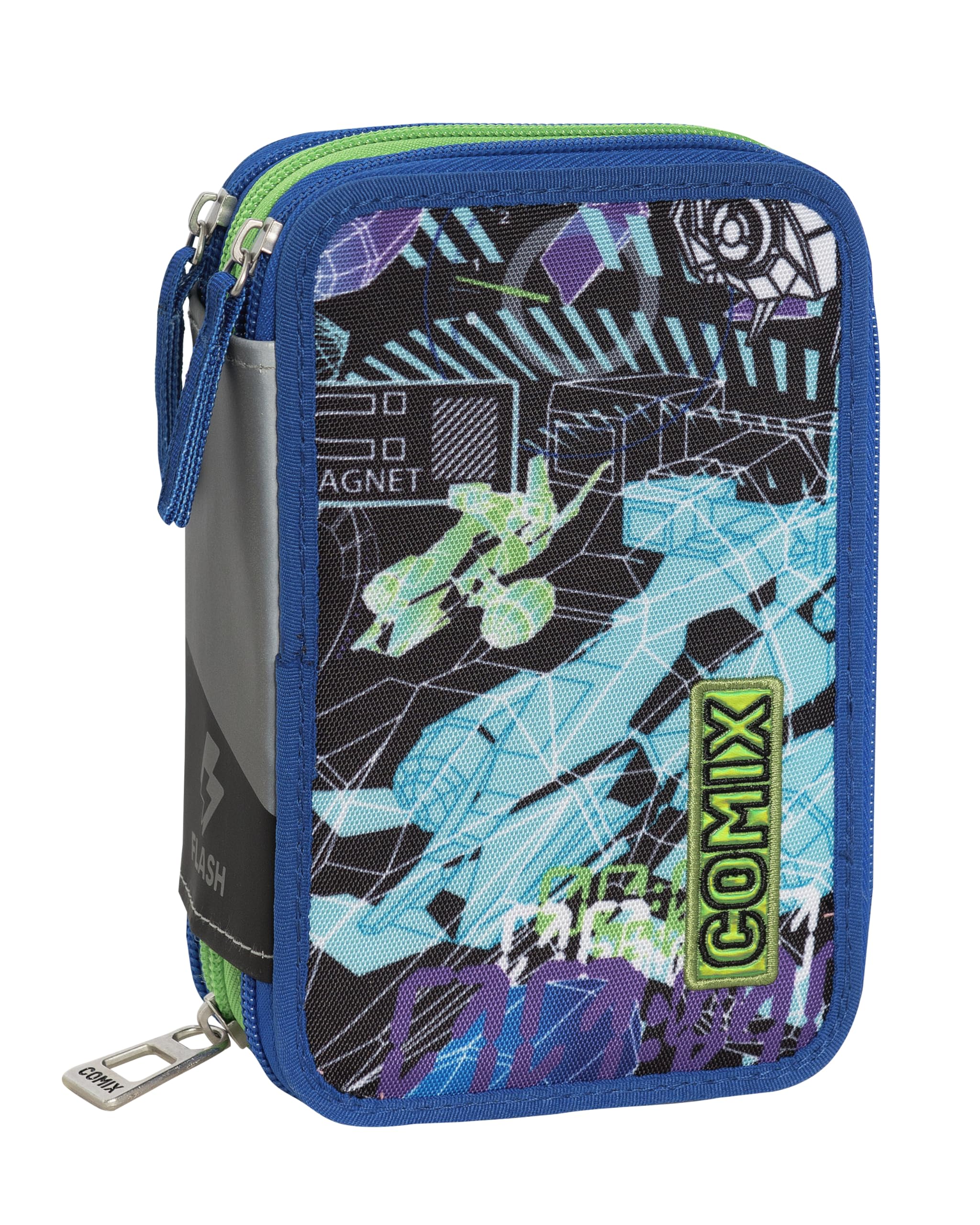 Comix Flash - Estuche Escolar con 3 Compartimentos para niños y niñas, con Juego de papelería Completo, 5 Etiquetas para el Nombre y prácticos Cierres de Cremallera, 13 x 20 x 7 cm, Enjoy Genius