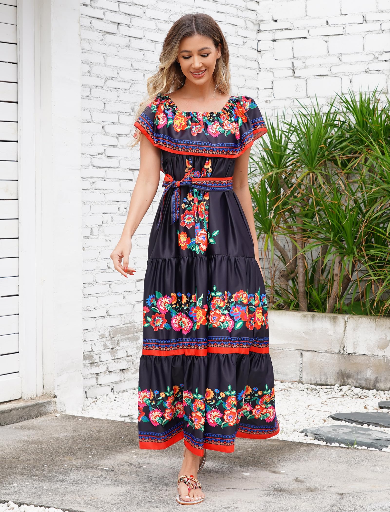Vestido mexicano de verano para mujer, estilo bohemio, floral, drapeado, hombros descubiertos, vestido tradicional de fiesta, bohemio, largo, informal, boda, playa, fiesta, vestido con cinturón