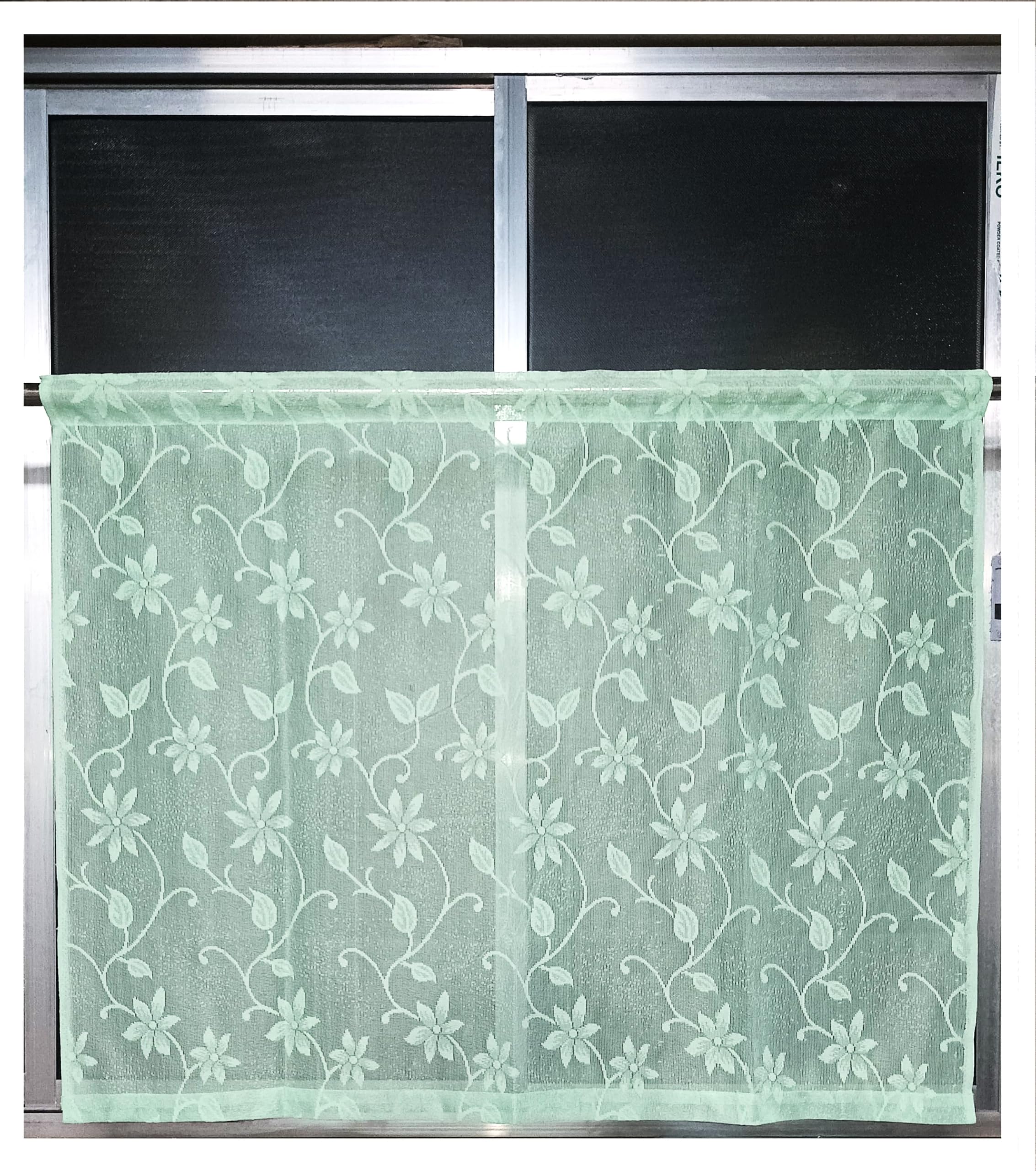 Aurora Cotton Blend Half Window Floral Net Curtains 84 Cm Long And Width 122 Cm (1 Pc, Pesta Green) Semi-Sheer-image-11