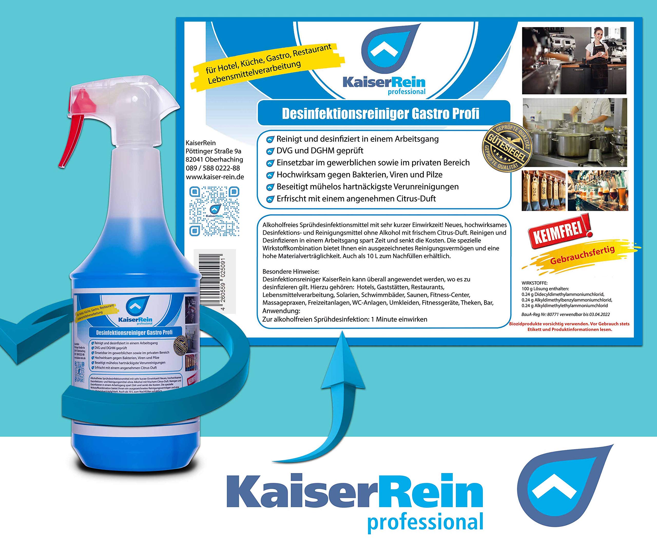 KaiserRein Profi Desinfektionsreiniger Gastro Küche 3x 1L - Hochwirksame Reinigung und Desinfektion speziell für den Lebensmittelbereich - Sprühbarer Küchenreiniger