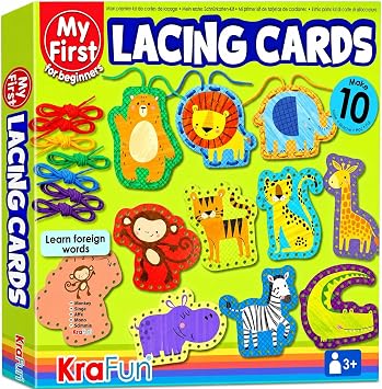 KRAFUN My First Lacing Cards Kit for Toddlers & Kids Age 3+, 10 Safari Animal Arts & Crafts Projects, Fine Motor Skills Toys with Lion Monkey Elephant Tiger Giraffe Hippo Zebra Bear