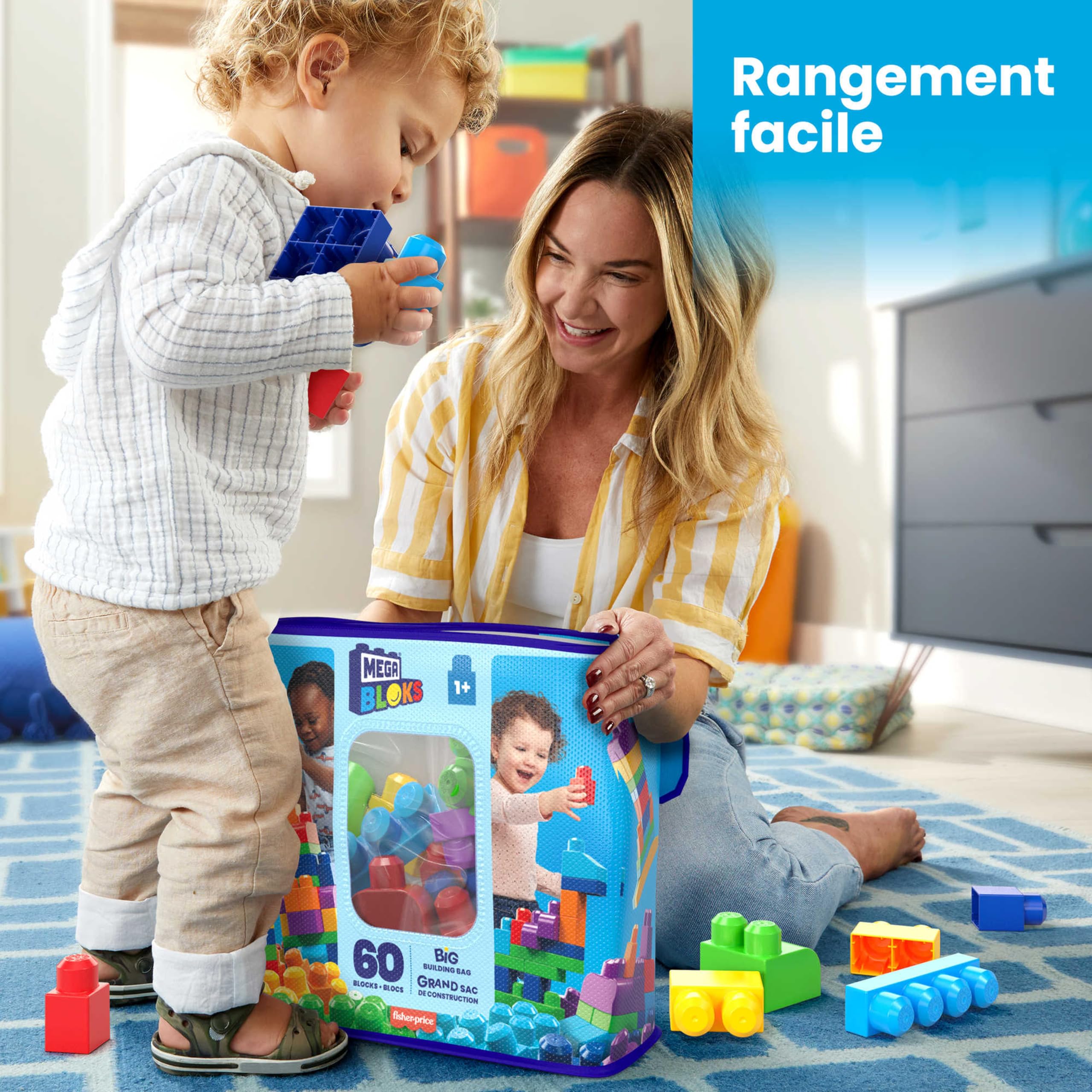 MEGA Bloks, Blocs De Construction, Grand Sac De Construction Bleu, Couleurs Classiques, 60 Blocs De Construction Empilables, Jouet Enfant, Jouet pour Enfant de 1 ans et Plus, DCH55