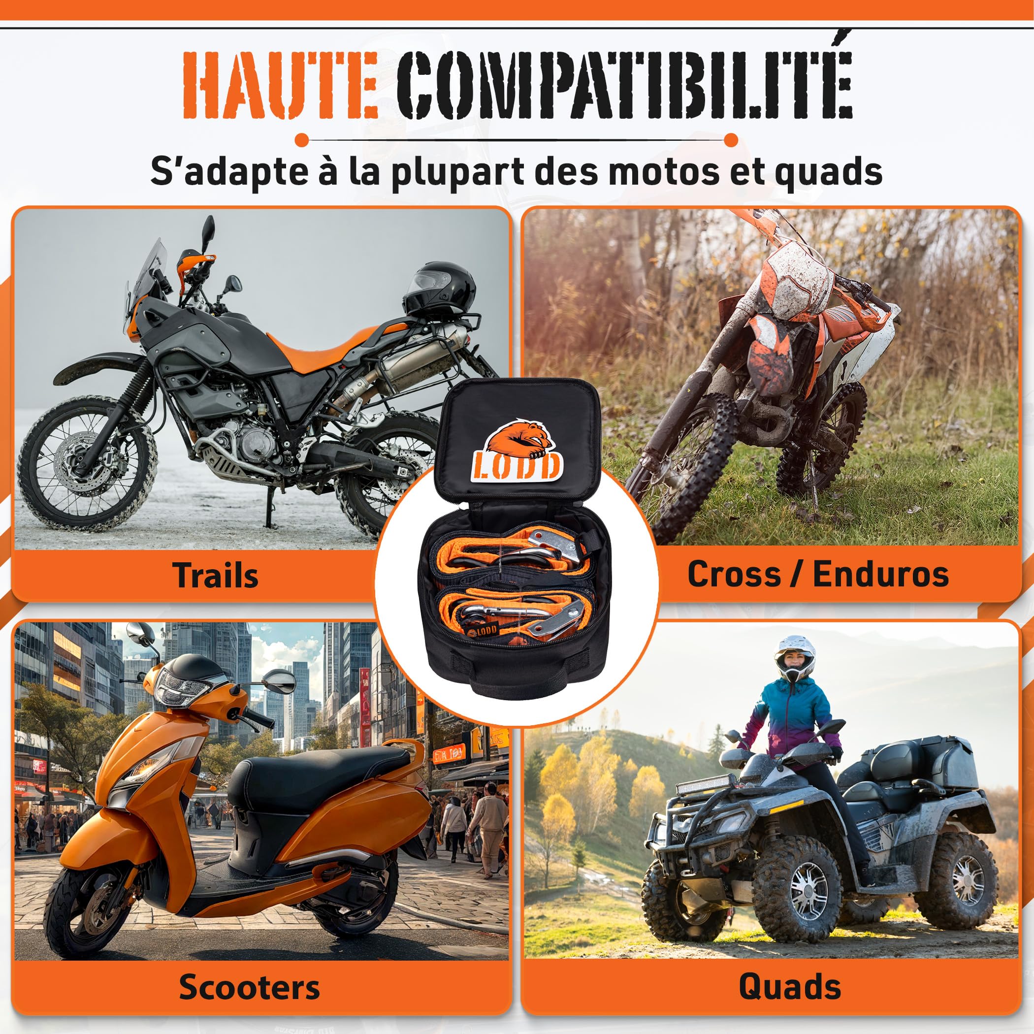 LODD - Sangles Moto Boucles avec Protection en Fourrure Synthétique - Sangles d'Arrimage Résistantes 1500kg - 38mm de Large - Valise Transport Incluse (Boucle/Mousqueton)