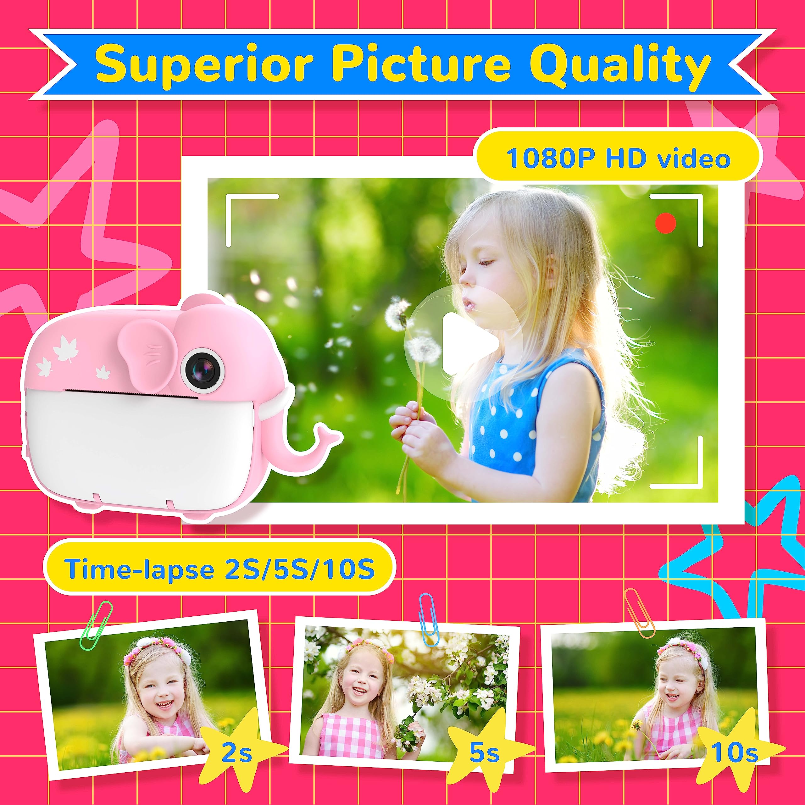 TIATUA Macchina Fotografica Bambini Istantanea, 20MP/1080P HD Videocamera, videocamera istantanea senza inchiostro con 32GB Scheda, Regalo per Bambini dai 3-12 Anni