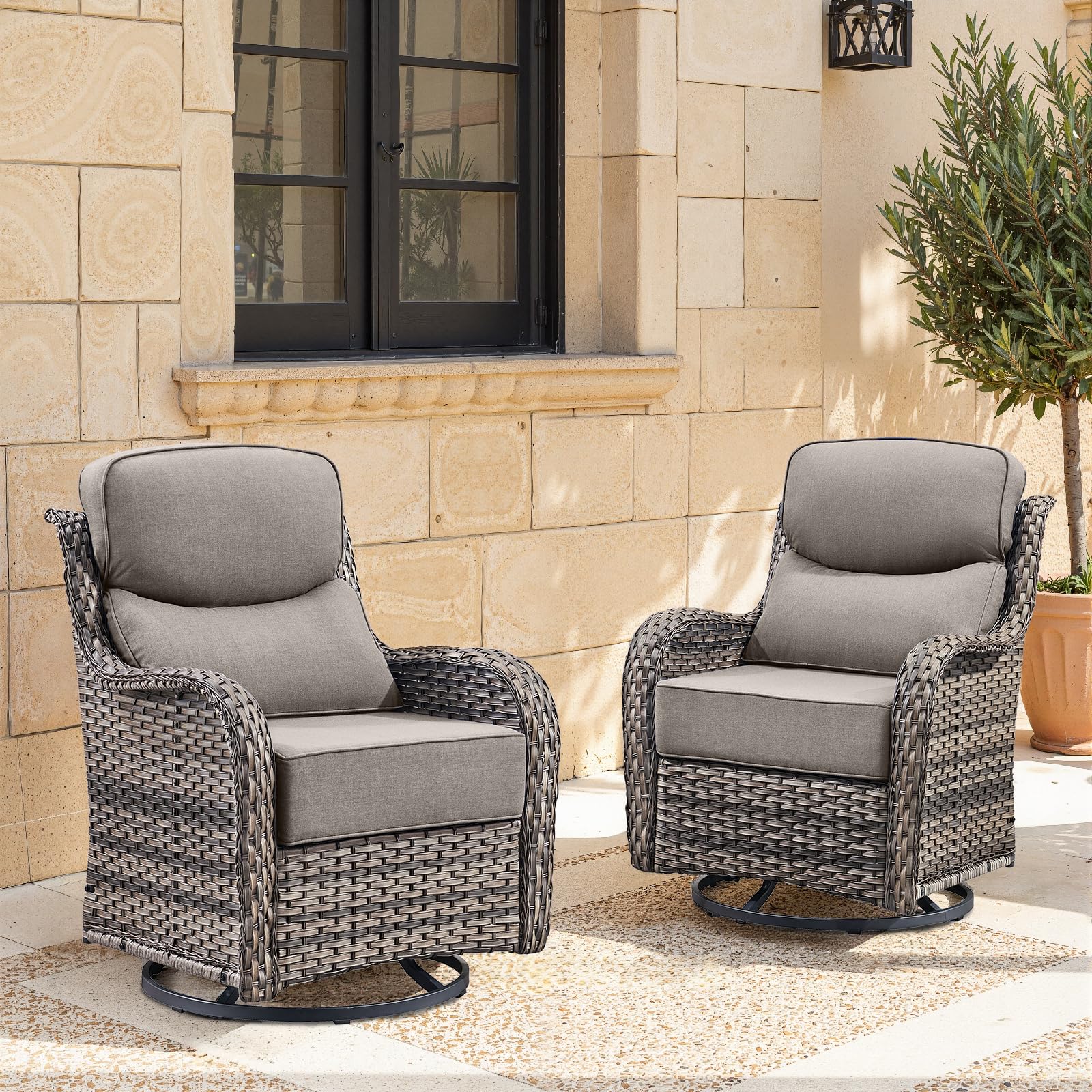 Swivel Patio Chairs sofa Set of 2 with 6" Thick Cushion - Wicker Outdoor Swivel Rocker Patio Chair ,Sofa/Glass coffee table, High Back Comfortable Outdoor Glider Chairs - Grey Wicker | Grey Cushions