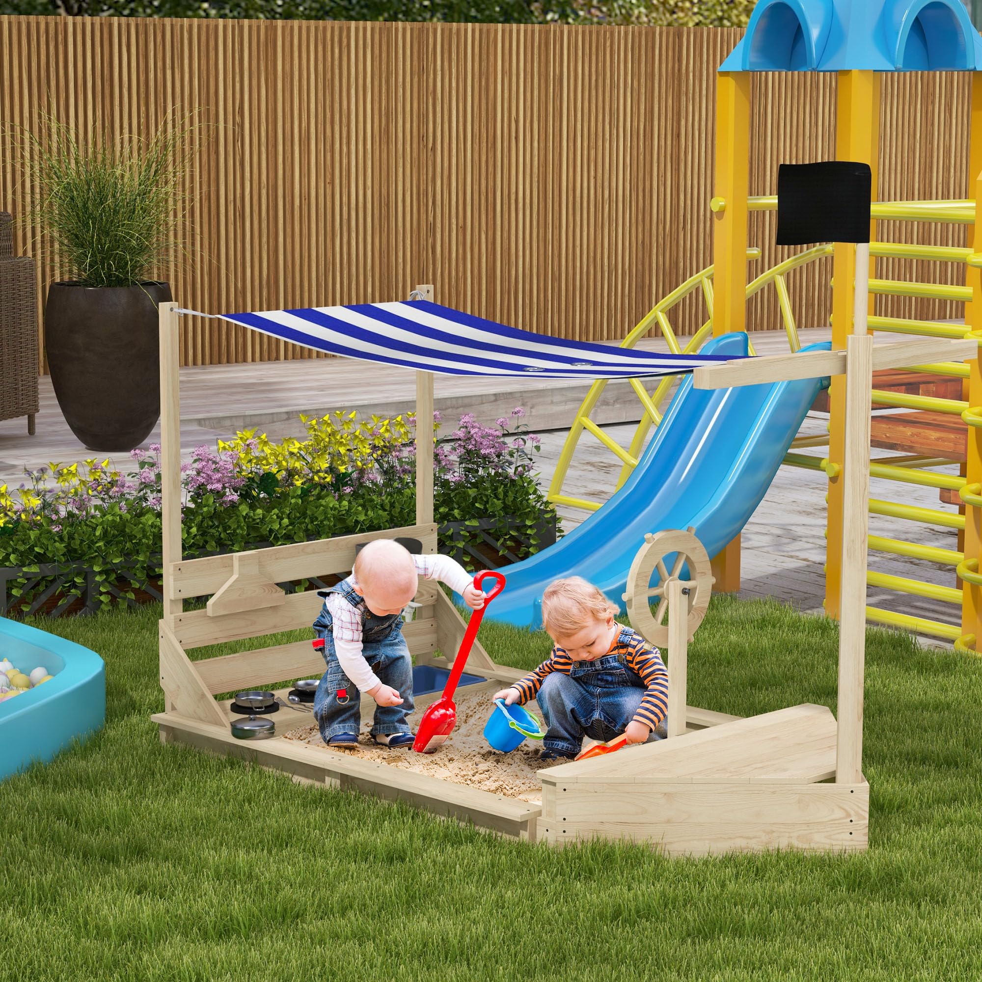 Outsunny Sandkasten Sandkiste groß mit Abdeckung im Schiff Design Matschekiste aus Holz Segelschiff Spielhaus mit Küchenspielset Aufbewahrung für Kinder 3-7 Jahre Naturholz 180 x 103 x 144,5 cm