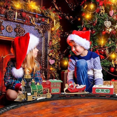 Miniatura 7 de Deekin Juego de tren de Navidad debajo del árbol de Navidad, juguete eléctrico de tren de Navidad para regalo de niños, tren de Navidad elevado con