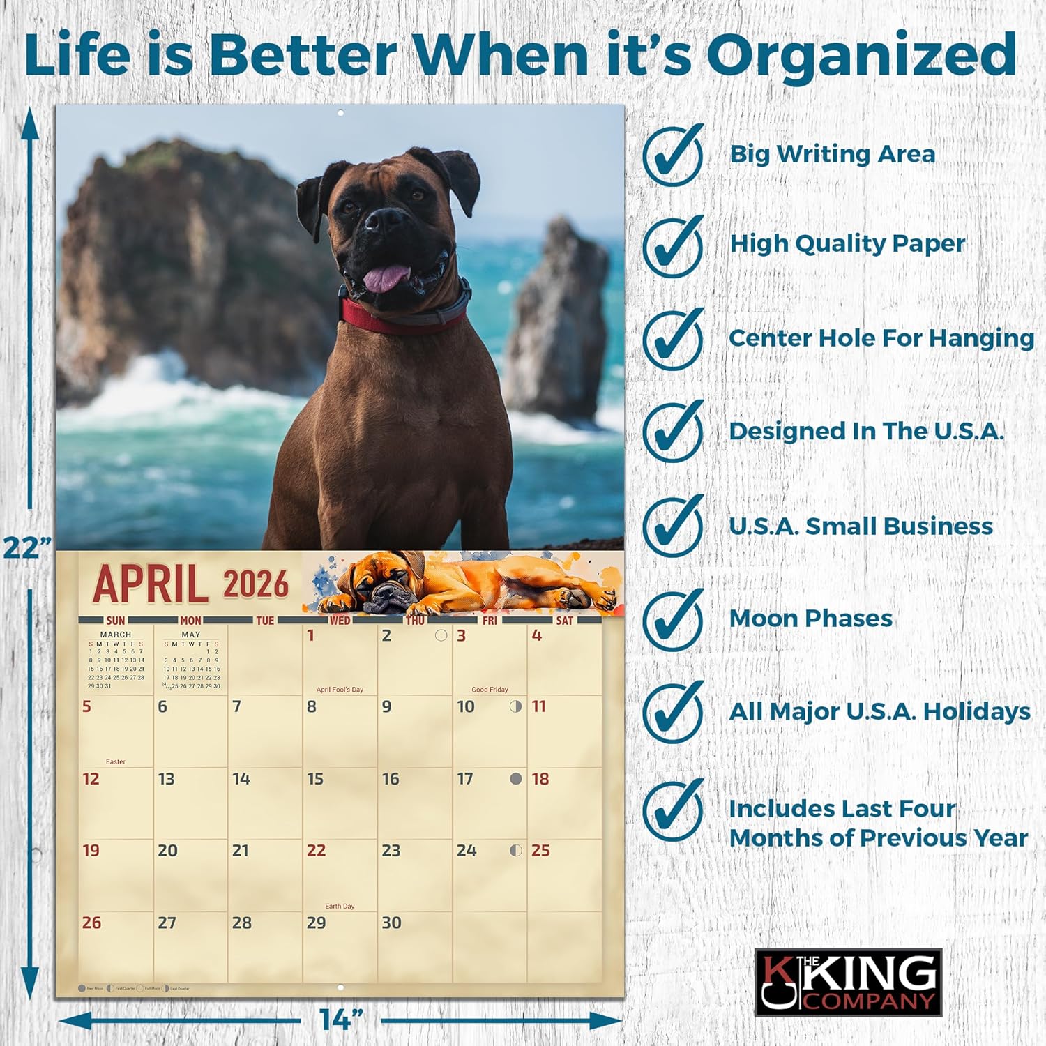 2026 Boxer Dogs Wall Calendar 16-Month X-Large Size 14x22, Dog Calendar by The KING Company-Monster Calendars - Image 4