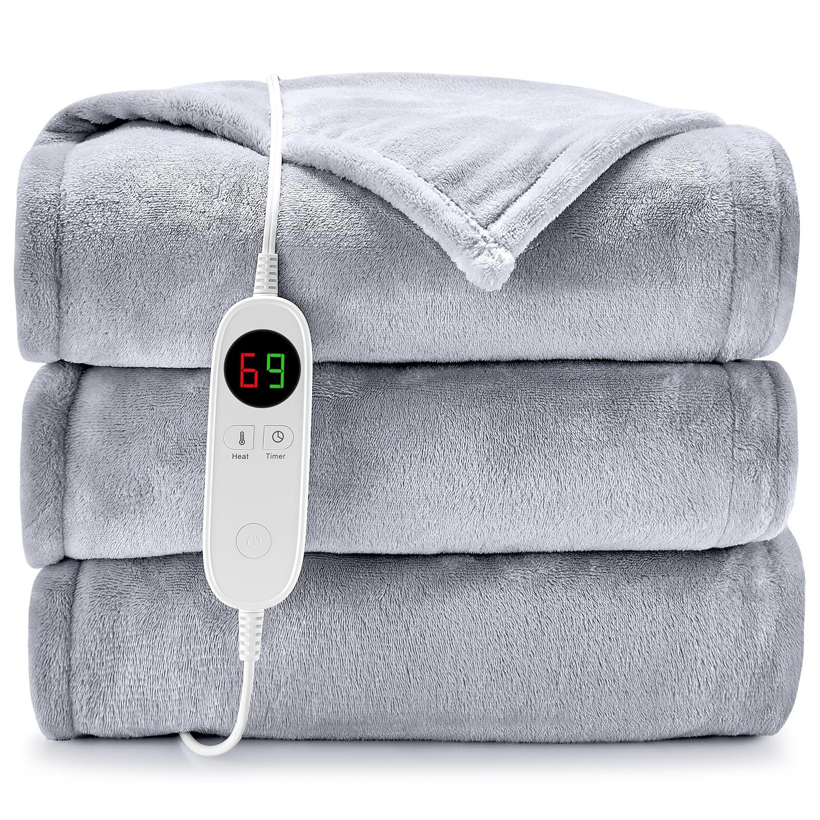 HYLEORY Heated Electric Blanket Throw 50" x 60" Soft Warm Flannel with 6 Heating Levels & 9 Hours Timer Auto Shutt Off, Heating Blanket for Full Body - Light GreyOEKO-TEX STANDARD 100