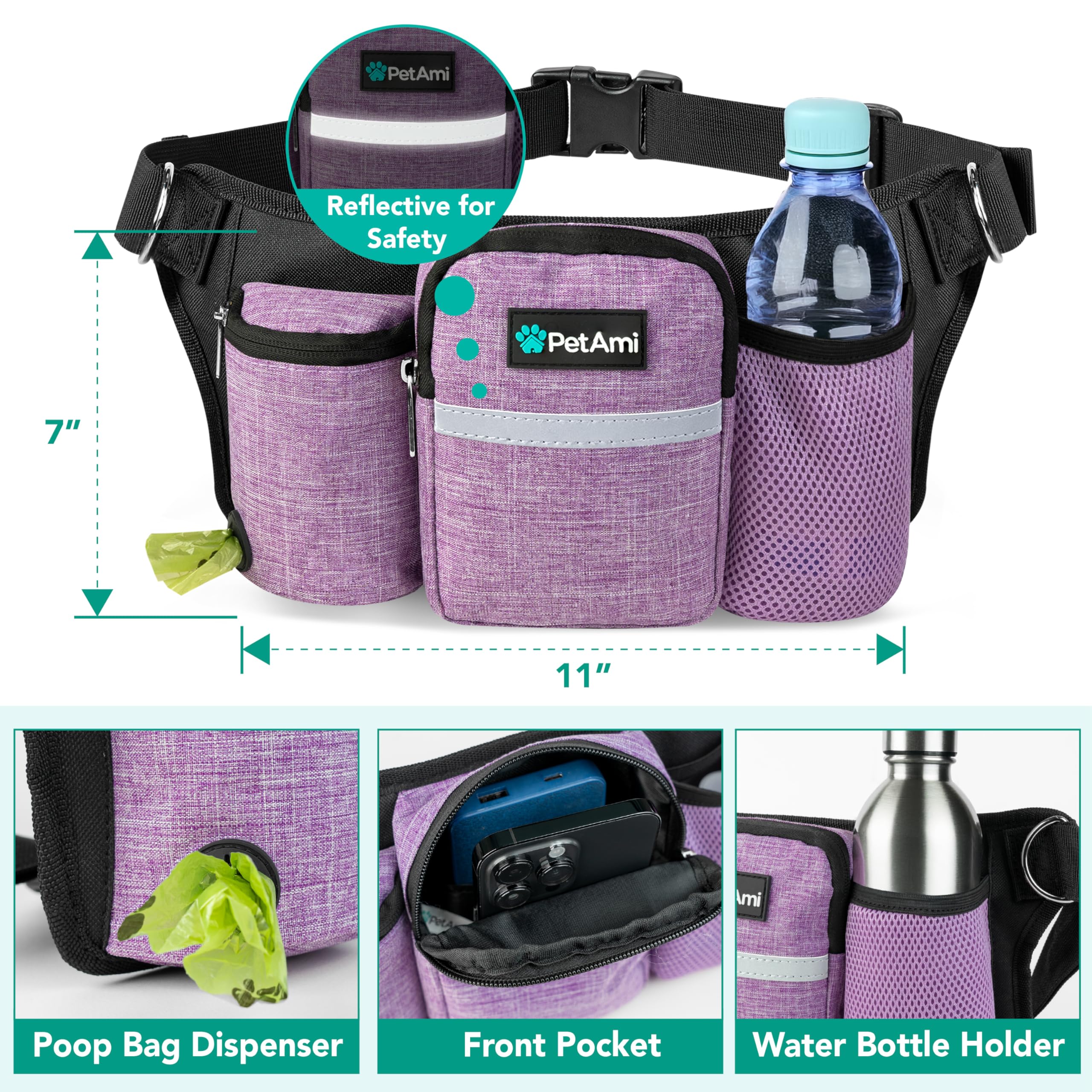 PetAmi Correa de Perro Manos Libres 2 Perros, Correa Ajustable para pasear al Perro, Bolsa de Accesorios de riñonera, Correa elástica Doble para Correr, Senderismo, Trotar,