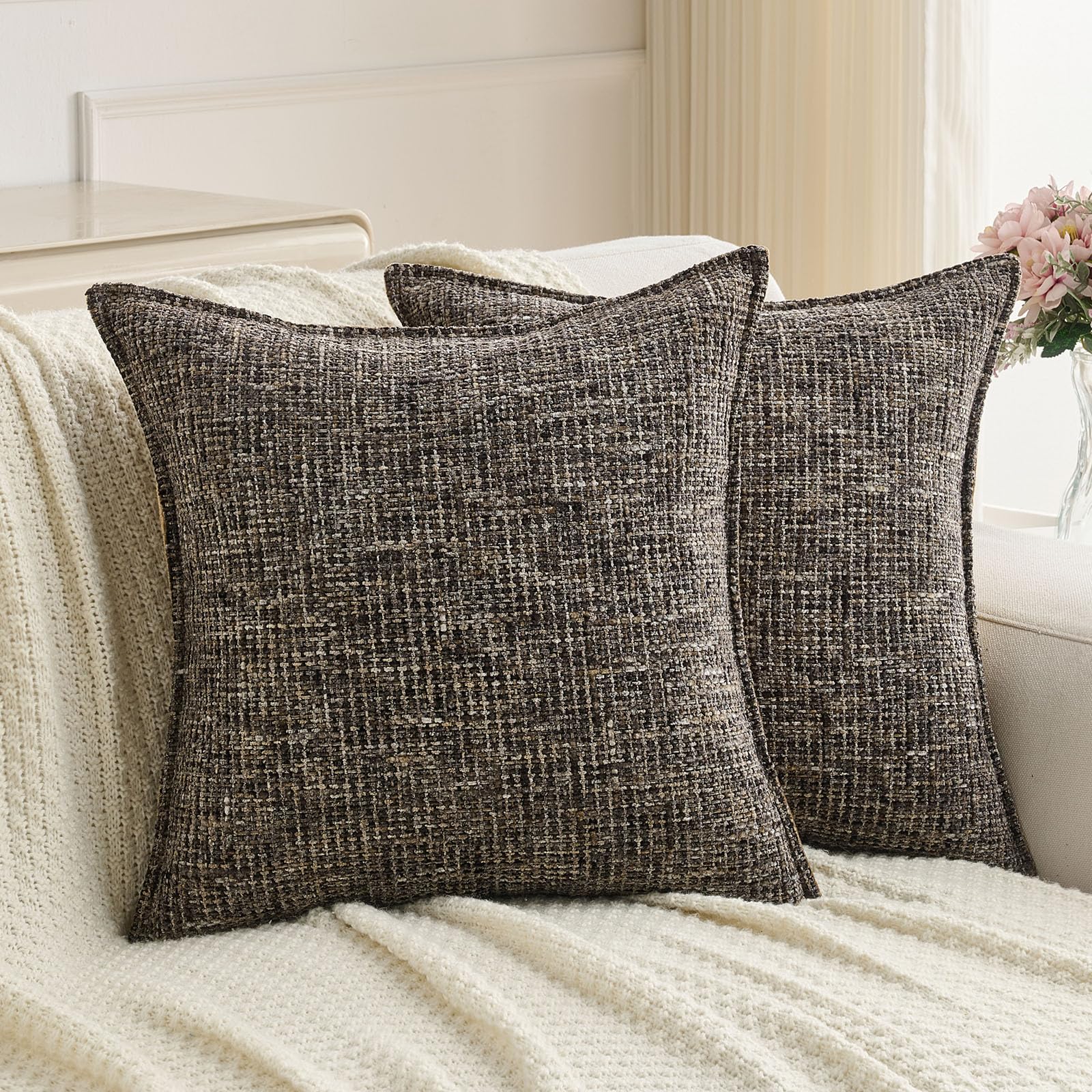 FUTEI Set of 2 Soft Tweed Chenille 45x45 cm Cushion Covers Farmhouse Micro-Check Textured Scatter Pillow Covers 45 x 45 cm Vintage Accent for Sofa Bed Living Room, Coffee — image 1
