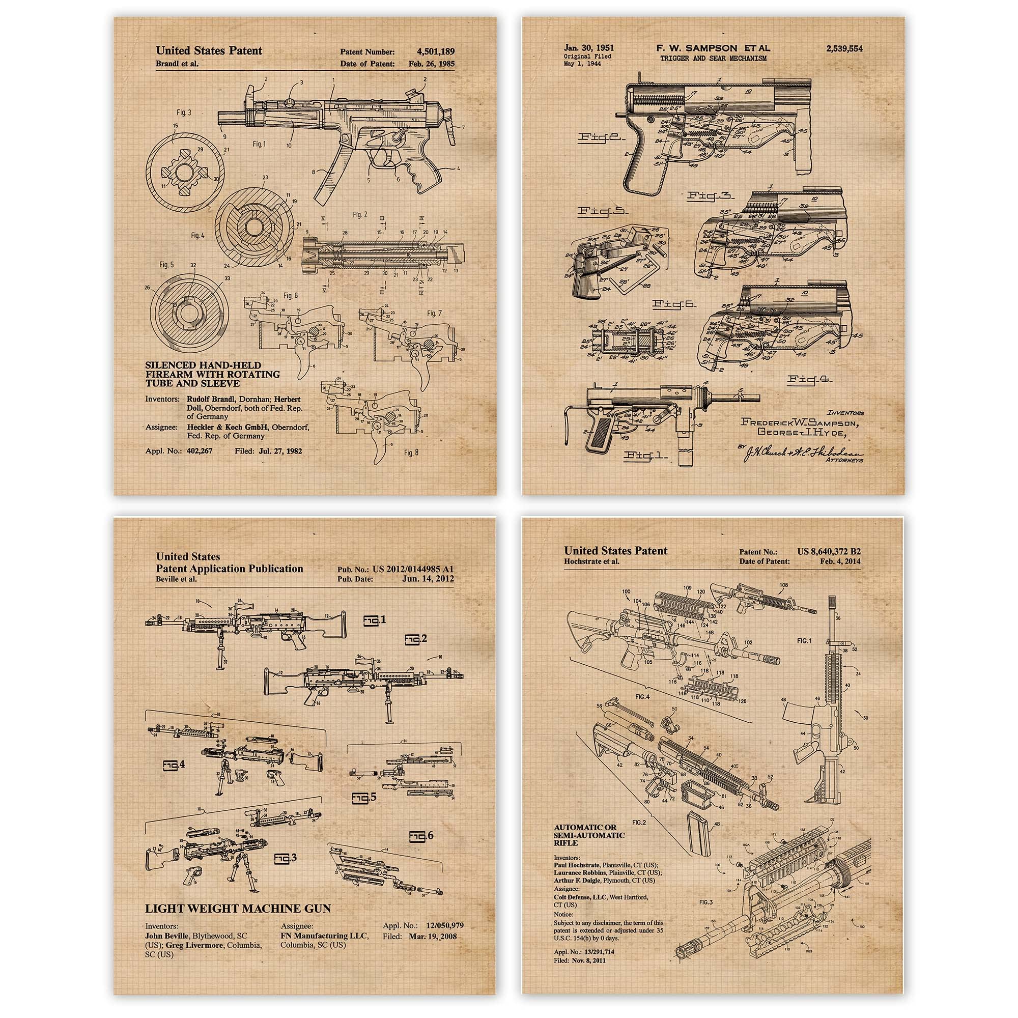 Classic Rifle Firearms Patent Prints, 4 (8x10) Unframed Photos, Wall Art Decor Gift for Home Office Gears Ammo Garage Shop Engineer Student Teacher Coach Cowboys Target Range Training Instructor Fans