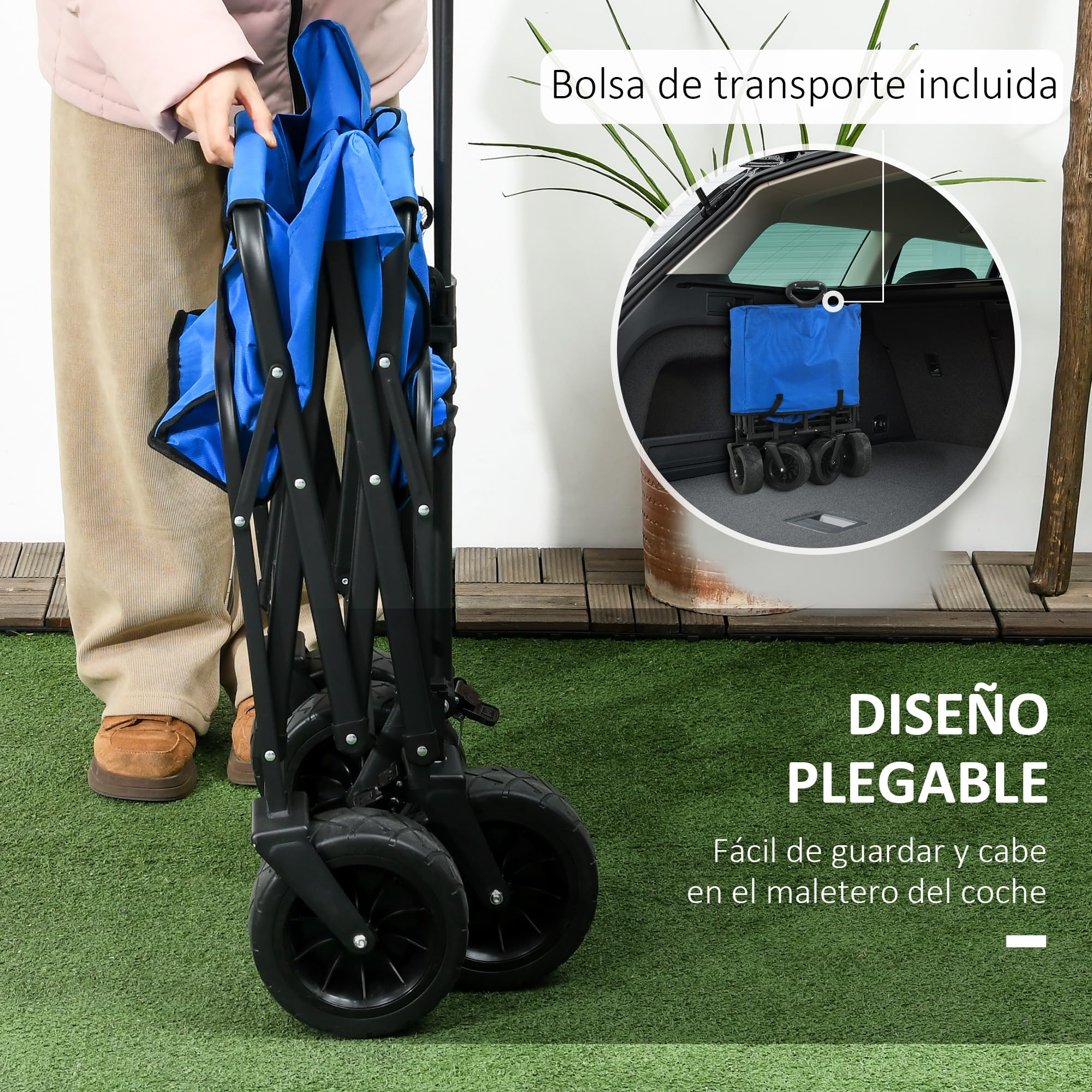 Outsunny Carro Plegable con Ruedas Grandes con Bolsa Térmica Desmontable Carro para Playa con Longitud y Ángulo del Mango Ajustables y Bolsa Transporte Carga 100 kg para Compra Jardín Exterior Azul