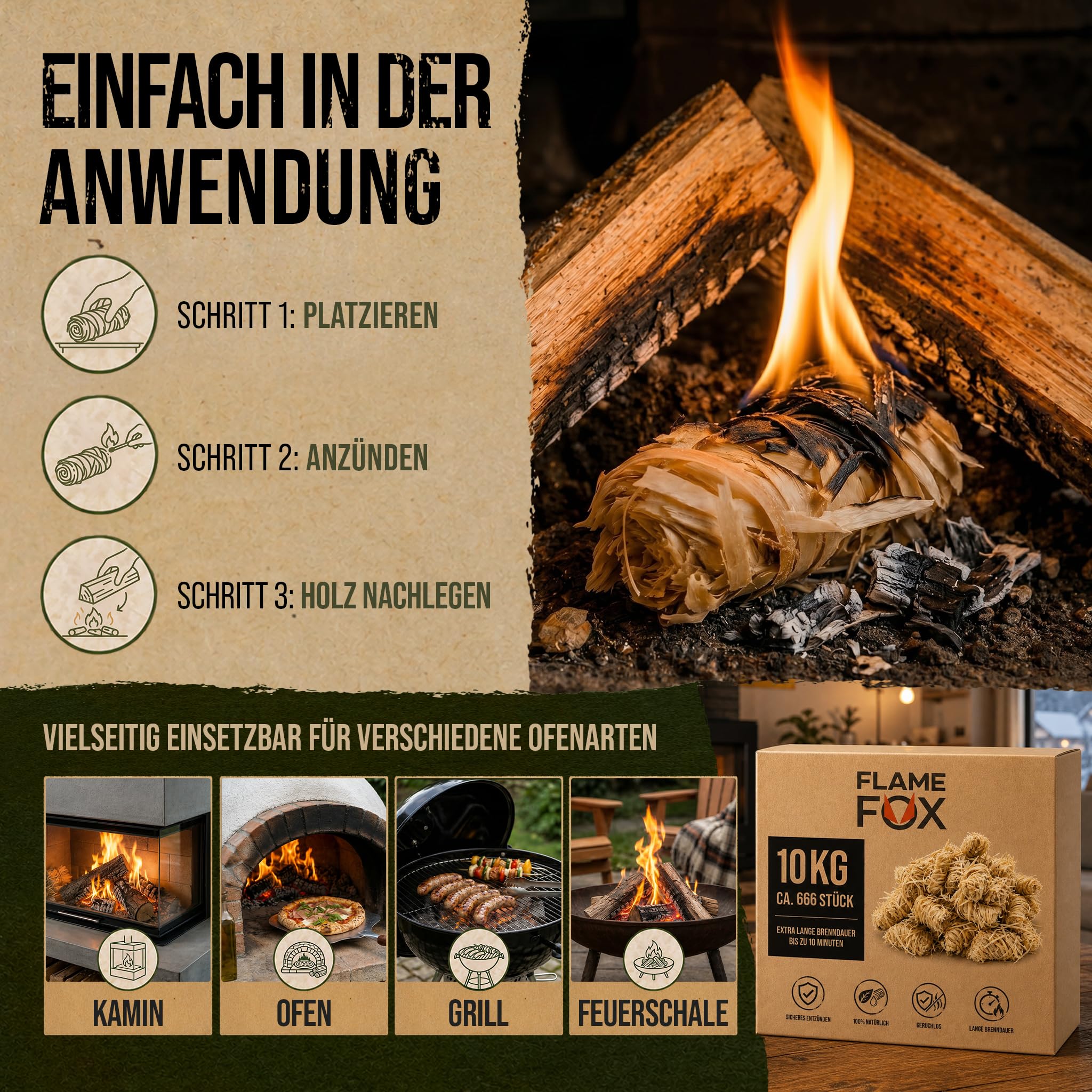 Anzündwolle XXL 10kg aus Öko-Holzwolle & Wachs I Kaminanzünder & Grillanzünder für Kamin, Ofen & Feuerschale I Natürlich, zuverlässig, Lange Brenndauer - 3kg, 5kg oder 10kg Karton