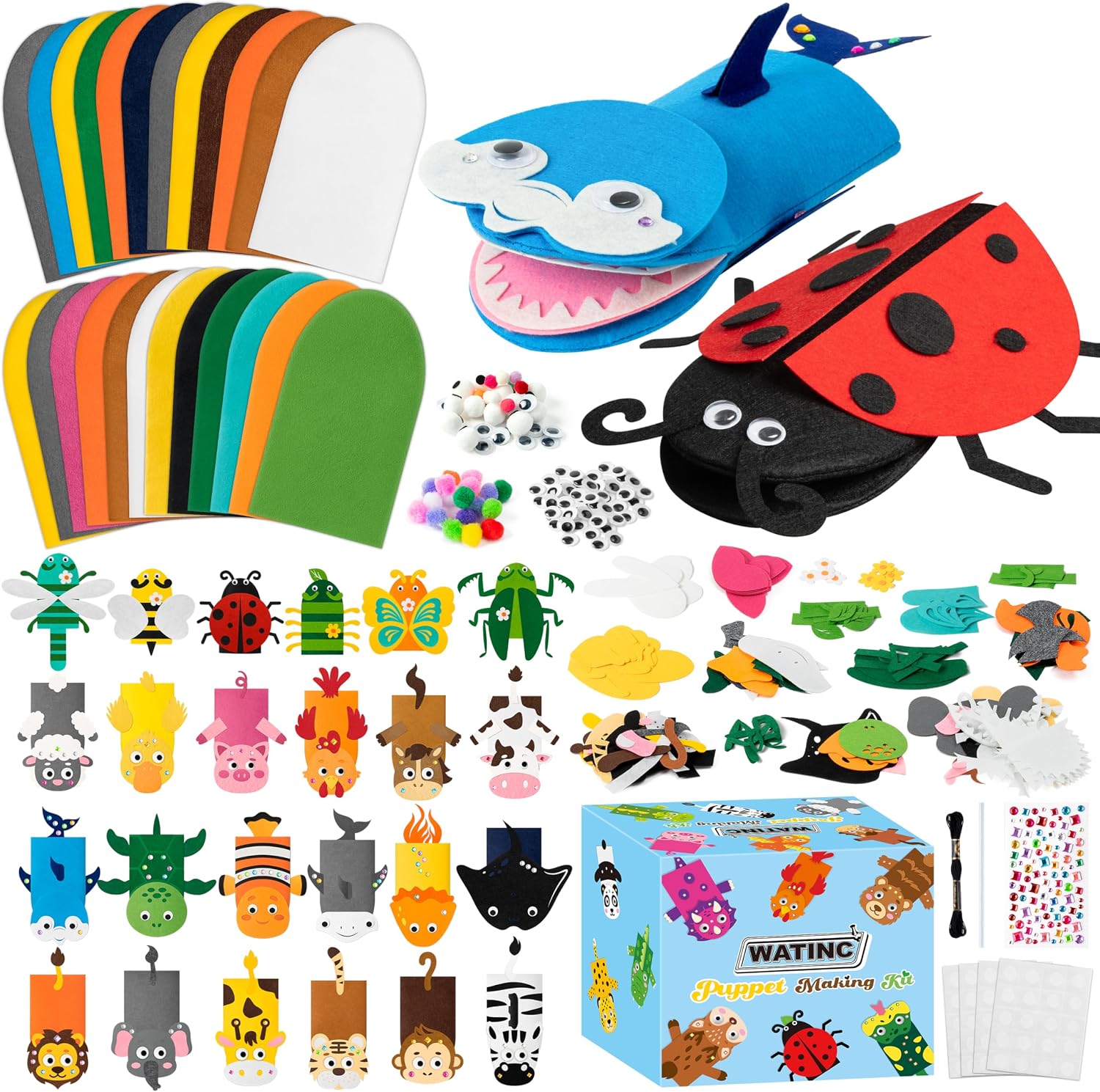 WATINC 24Pcs Hand Puppet Making Kit for Kids Large Medium Art Craft Felt Sock Puppet Creative DIY Make Your Own Puppets Pompoms Storytelling Role Play Party Supplies Gift for Girls Boys (Animals C)