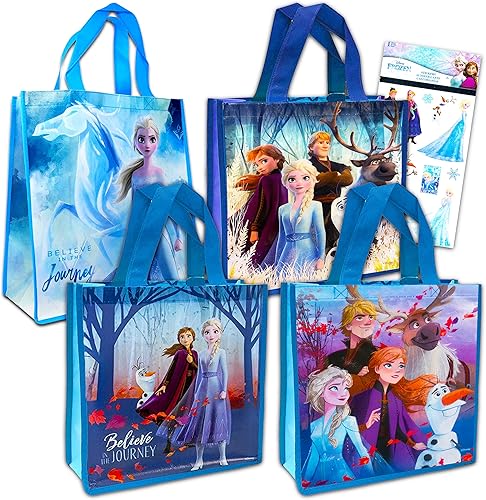 Disney Frozen 4 bolsas reutilizables  Paquete de 5 bolsas de Frozen con calcomanías para regalos, comestibles y más (2 mercancías congeladas), Bolsa