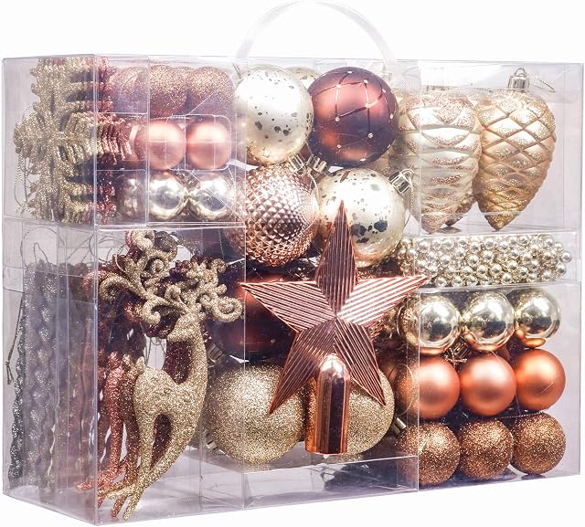 Valery Madelyn 100pcs 3-10cm Shatterproof Christmas Baubles,Woodland Copper and Gold Christmas Ball Ornaments for Christmas Tree Decorations